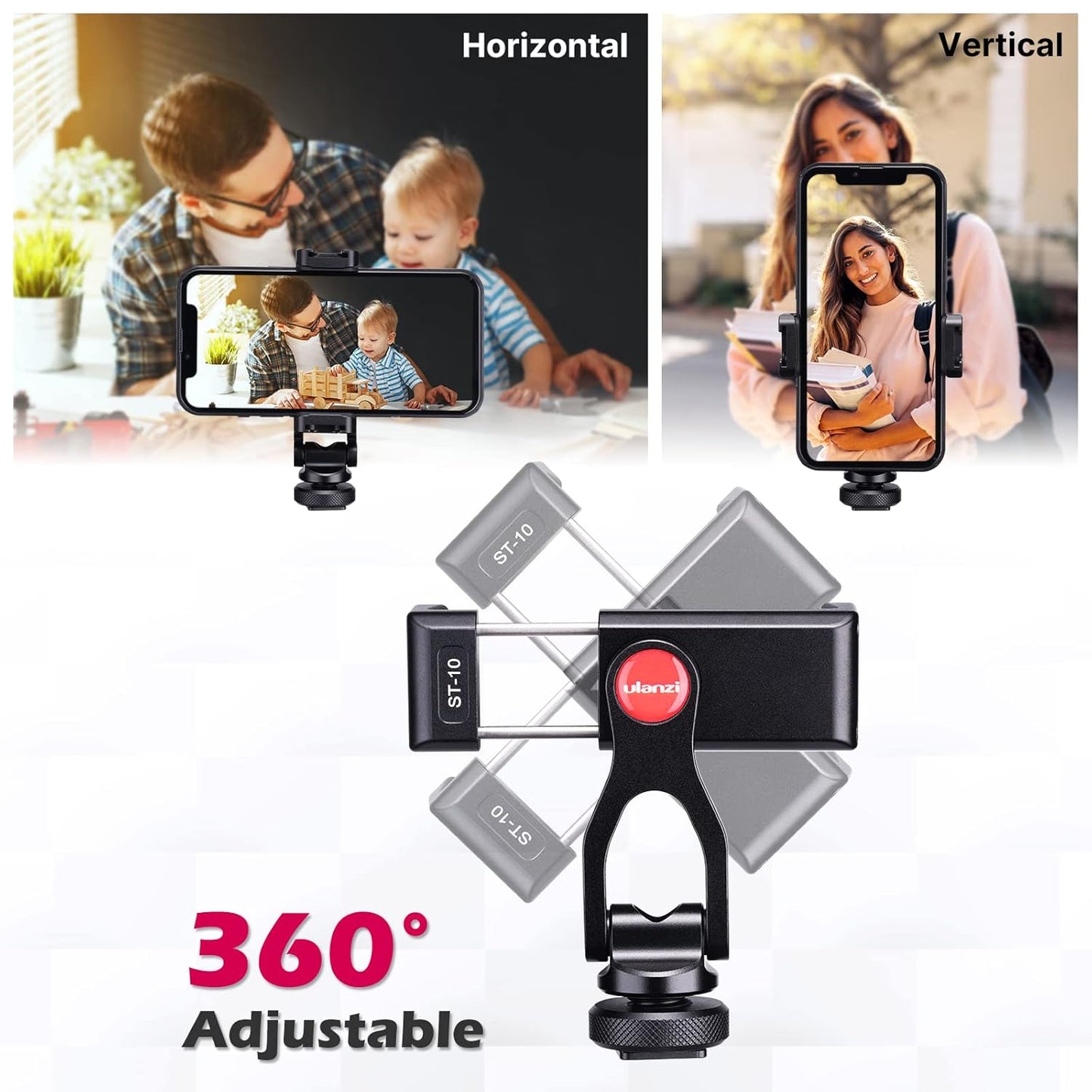 ULANZI Metal Phone Tripod Mount ST-10, Universal 360° Smartphone Adapter with 2 Cold Shoe Mount, Adjustable Cell Phone Clamp Stand Holder, Compatible with iPhone, Samsung Galaxy and All Phones