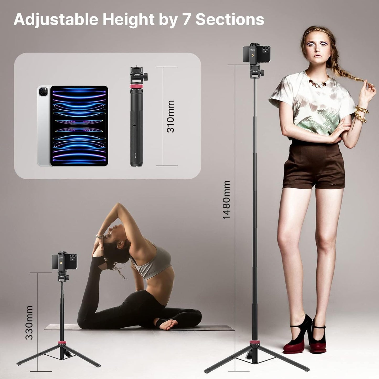 ULANZI MT-71 57.48" Extendable Selfie Stick Tripod with Phone Clamp & Cold Shoe, 7-Section Aluminum Pole for Action Camera Compatible with Gopro DJI Osmo 360 Pocket 3 Insta360 X5,iPhone 17 Smartphones