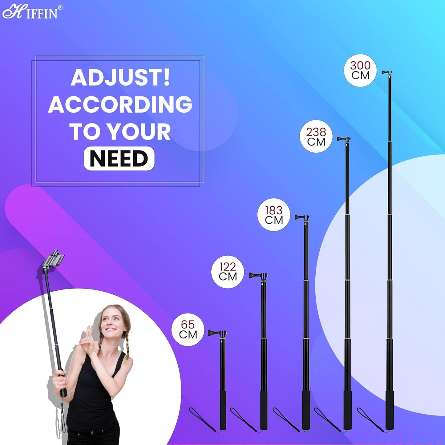 HIFFIN 118"/3 Meters Ultra Long Selfie Stick for Go Pro Max Hero 9 8 7 6 5 4 3+, Insta 360 One R One X, DJI Osmo Action, Extendable at 6 Lengths Carbon Fiber Lightweight Pole Monopod…
