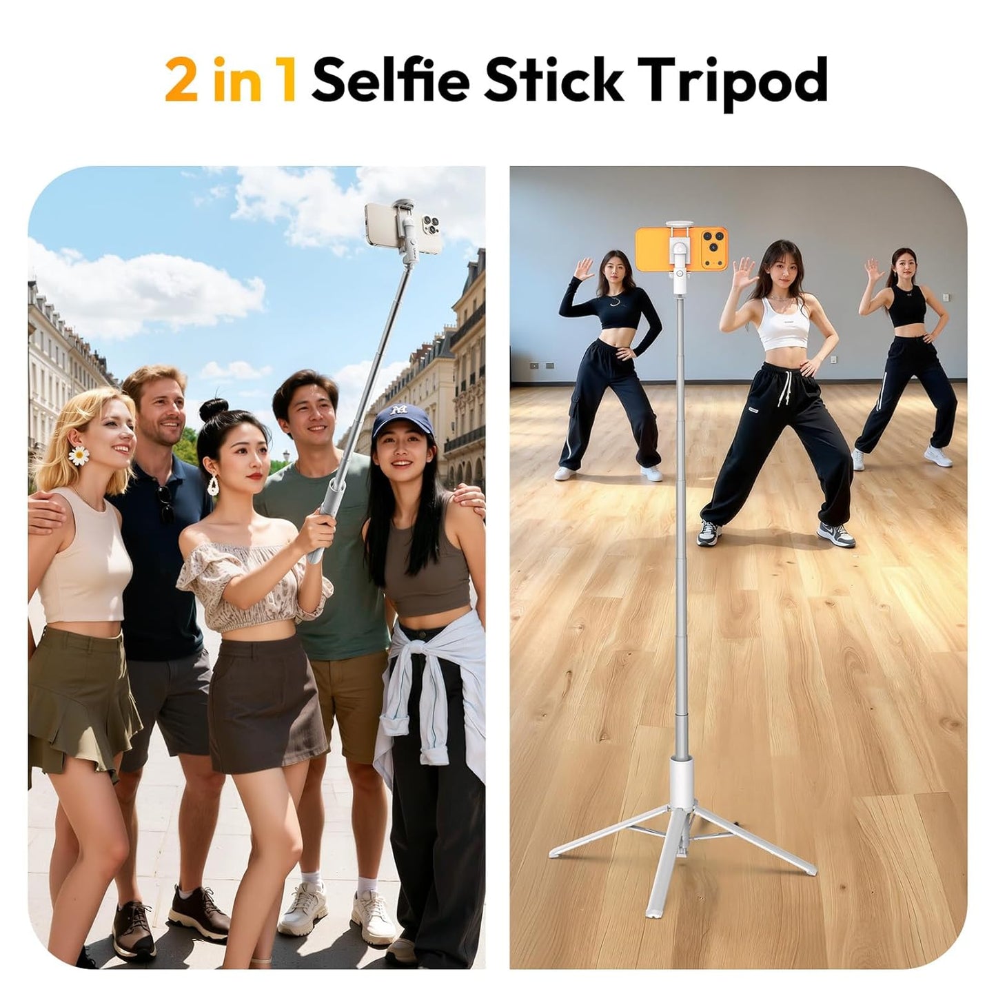 ULANZI MT86, 60" Automatic Phone Tripod Stand with Wireless Remote, Adjustable Auto‑Open Selfie Stick for iPhone Android, Portable Extendable Travel Tripod for Selfie/Vlogging, White
