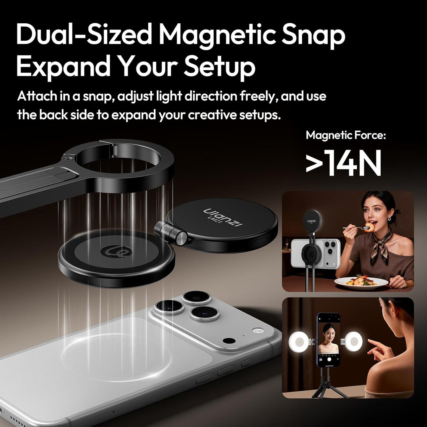 ULANZI LM21 Dual Sided Magnetic Selfie Ring Light for Phone with Magsafe | for iPhone/Android, 8000K CRI≥95, Touch Control, Extendable, Rechargeable, for Vlog,Video Call,TikTok,Video Call,Live Stream