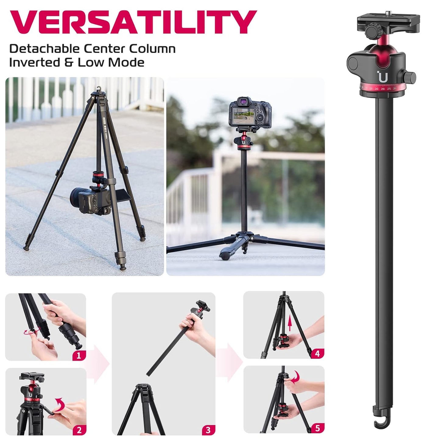 ULANZI MT-55 Ombra Travel Tripod, 62.2 Professional Camera Tripod, Aluminum, Max Load 17.6 LB, 360° Ball Head, Quick Release Plate, Phone Holder Included, Black