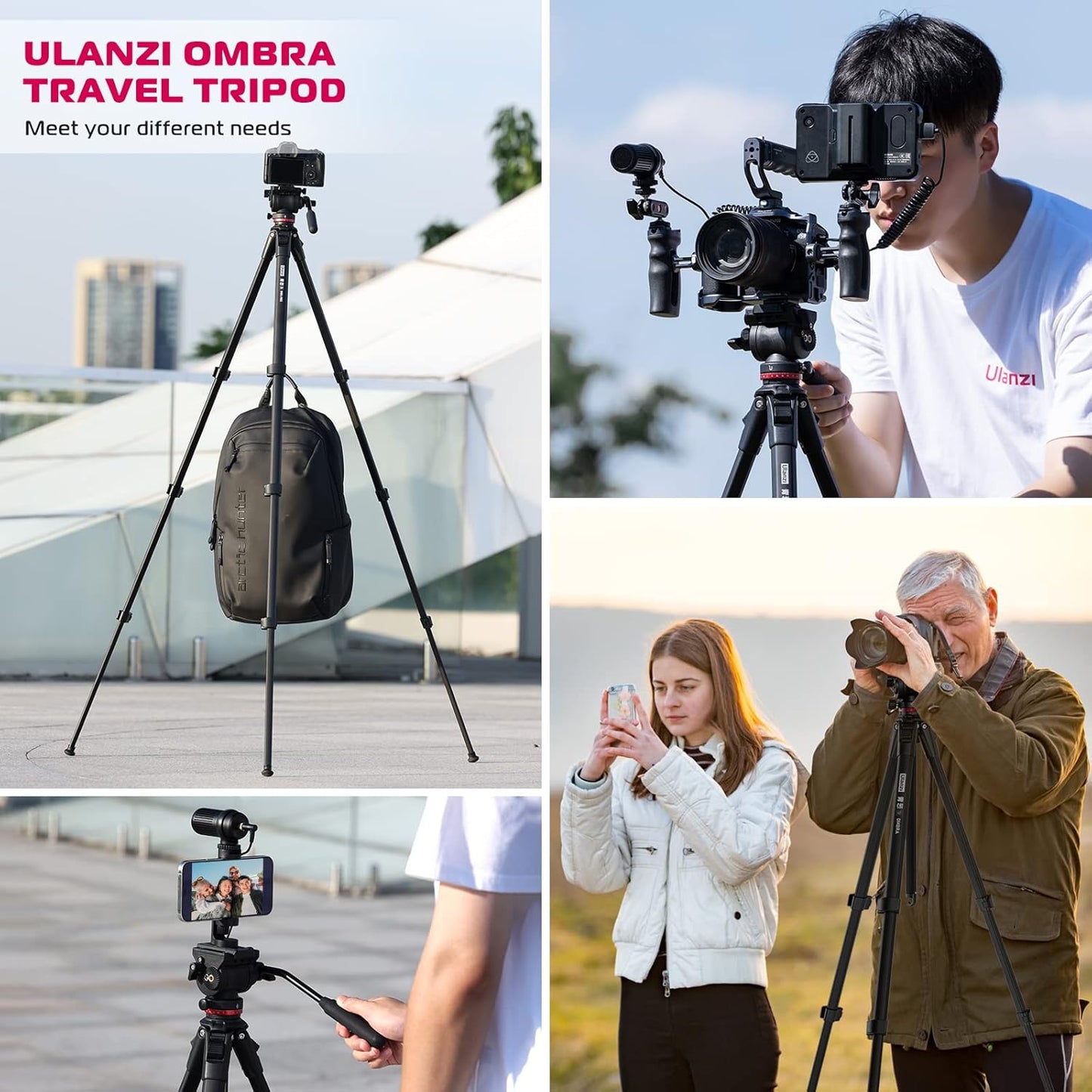 ULANZI MT-56 Ombra Black Aluminum Alloy 63" Professional Camera Tripod with Fluid Pan-tilt Head, Max Load 13.2 LB for DSLR, Compatible with Nikon, Canon, Smartphone, Phone Holder Included