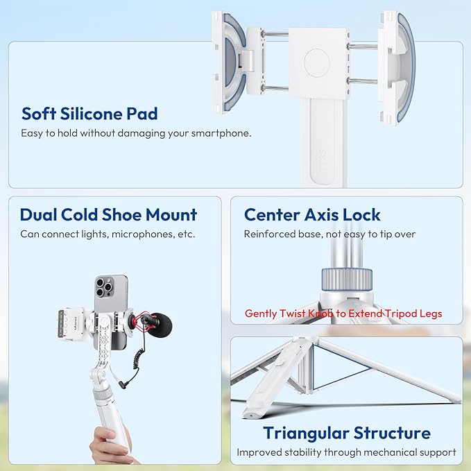 ULANZI TT88 Magnetic Tripod for iPhone , 57" Extendable Selfie Stick w Remote, 2-in-1 Phone Clip & Dual Cold Shoe Mounts-Lightweight Phone Tripod Stand for Vlogging, Travel, Video Recording, White