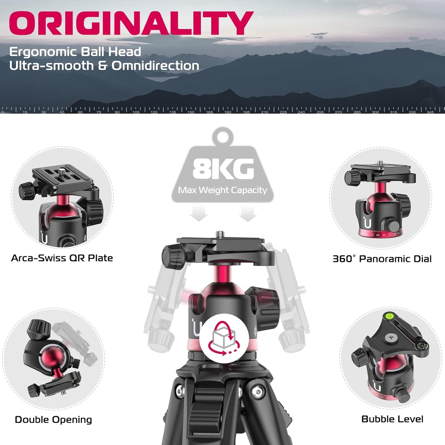 ULANZI MT-55 Ombra Travel Tripod, 62.2 Professional Camera Tripod, Aluminum, Max Load 17.6 LB, 360° Ball Head, Quick Release Plate, Phone Holder Included, Black