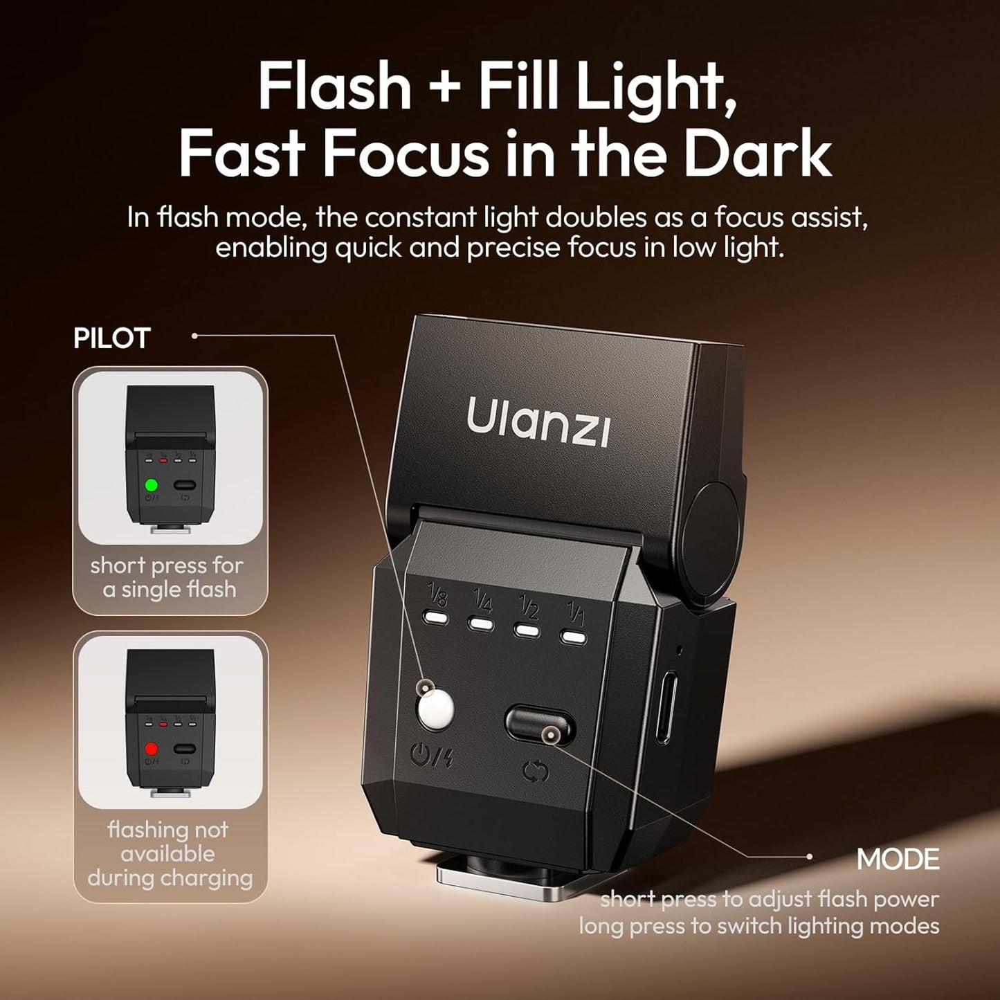 ULANZI SL03 Camera Mini Flash Speedlite with Video Light for Beginners Basic, GN8 6500K Flash 90° Angle Adjustable Compatible with Sony/Canon/Fuji/Nikon DSLR, Universal Single Contact Hot Shoe Mount