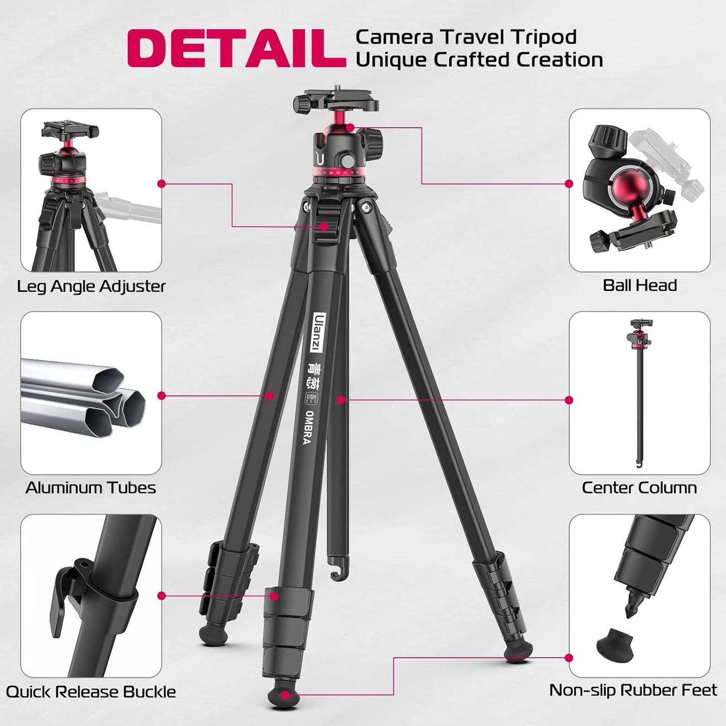 ULANZI MT-55 Ombra Travel Tripod, 62.2 Professional Camera Tripod, Aluminum, Max Load 17.6 LB, 360° Ball Head, Quick Release Plate, Phone Holder Included, Black