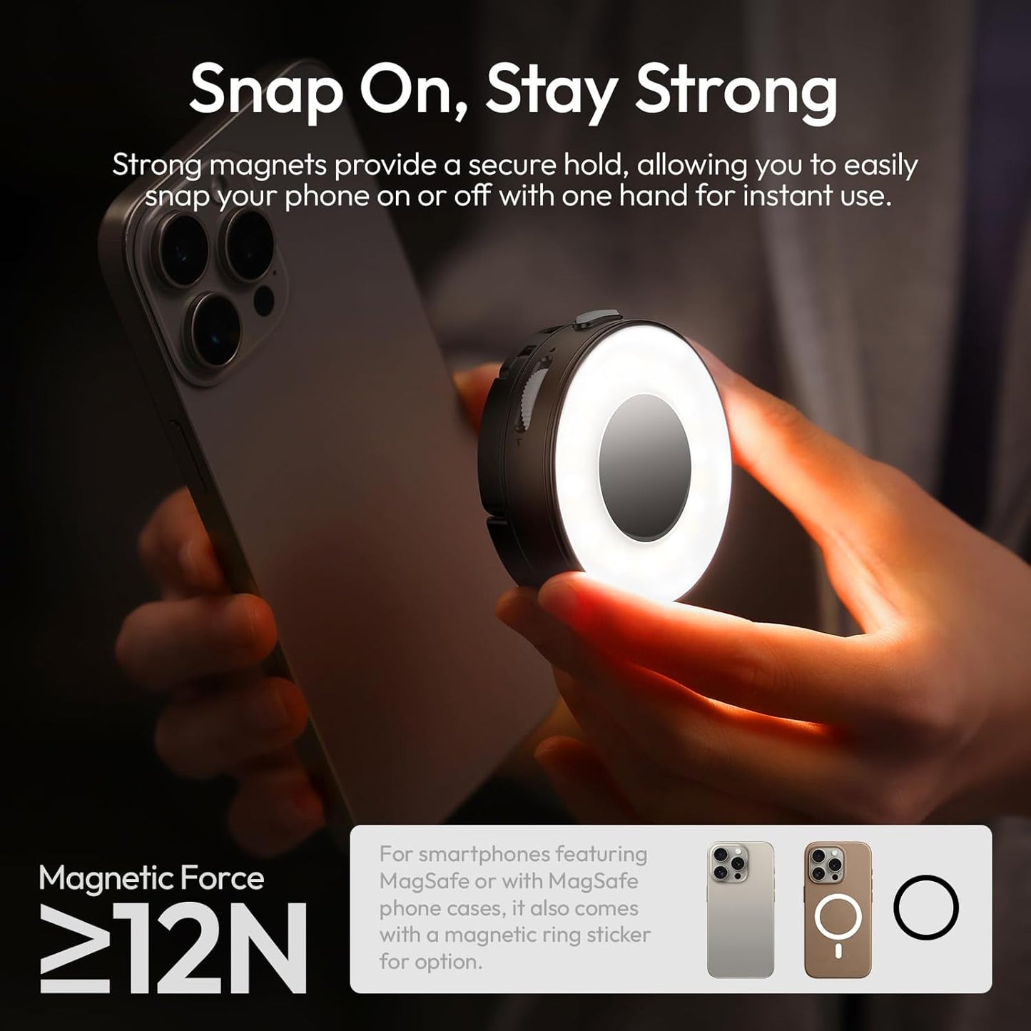 ULANZI ML05 Selfie Light for iPhone - Maglock Magnetic Phone Selfie Ring Light with Mirror, 9000K CRI≥97 Full Angle Portable LED Smartphone Fill Lighting for Travel Vlog Photo Video Recording White