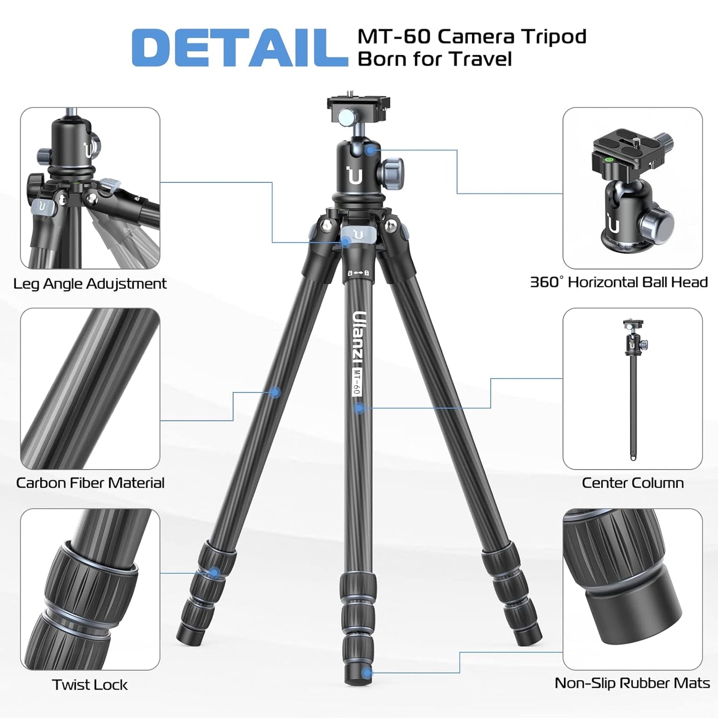 Ulanzi MT-60 Lightweight Camera Tripod, Professional 63.77" Carbon Fiber Travel Tripod with 360°Ball Head, Quick Release Plate for Cameras/DSLR/Projector, Adjustable Height 21.25-63.77 inches