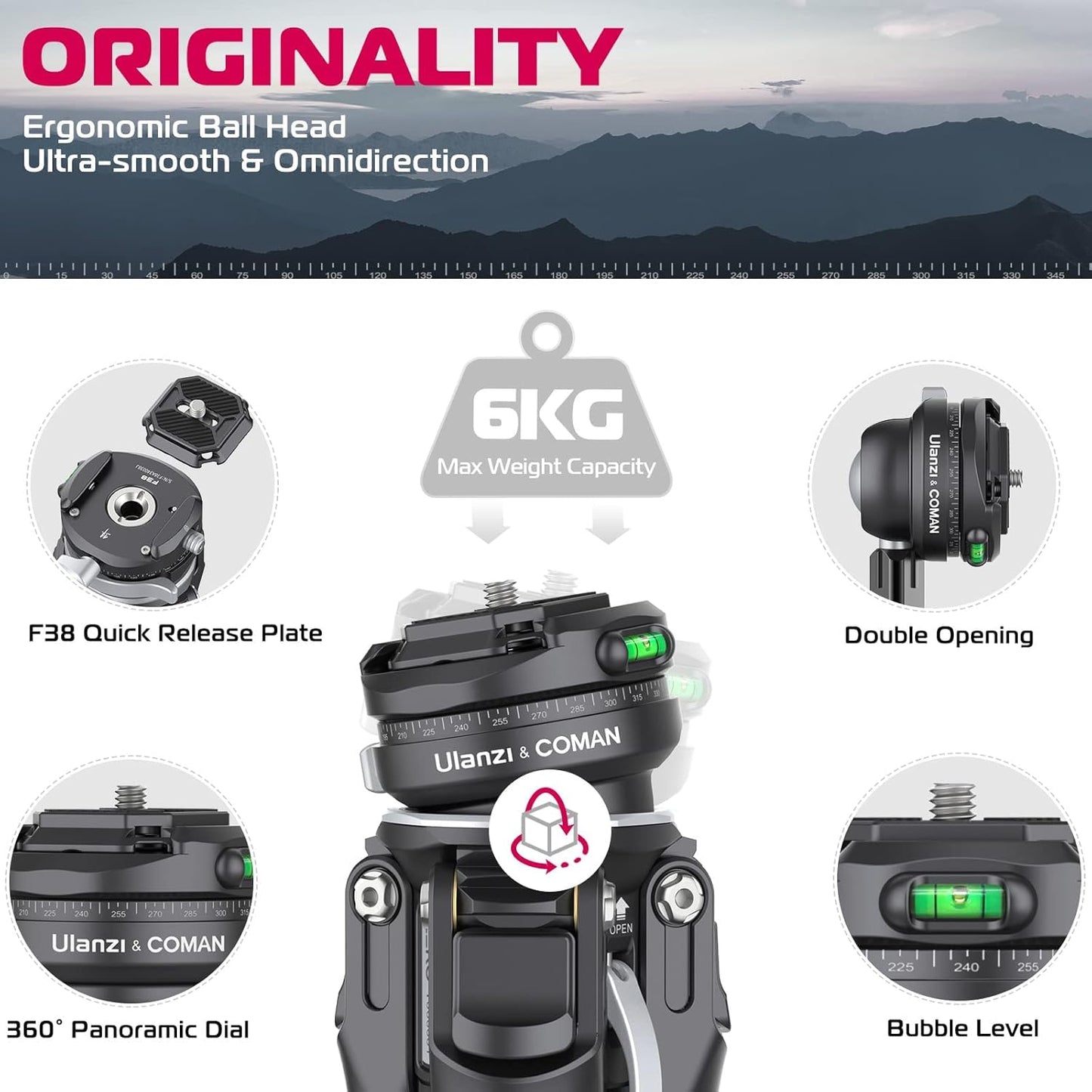 ULANZI Zero F38 Professional Camera Tripod, 62.6" Lightweight Carbon Fiber Camera Tripod with Quick Release 1/4" Screw & 360° Ballhead, for Most Cameras/DSLR/Projector, Weight 2.4lbs, Maxload 39.6lbs