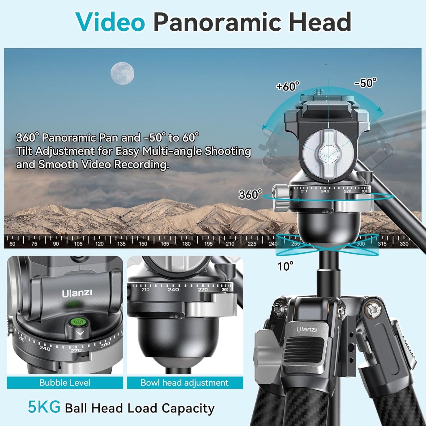 Ulanzi TT09 VideoGo Travel Tripod, 55.91" Carbon Fiber Camera Tripod with Arca QR & 360° Ballhead & Handle, Compact Lightweight Tripod for Photography/Video Shooting, for Most Cameras/DSLR/Projector