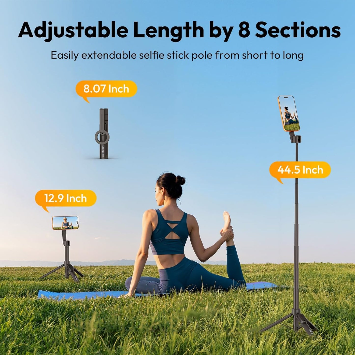ULANZI SK26 Magnetic Phone Tripod 44.5‘’, 2-in-1 Selfie Stick Tripod Stand with Remote 33Ft, Portable Magnet Extendable Cell Phone Tripod Stand for Vlog/Travel/Video Recording/Streaming/Selfies