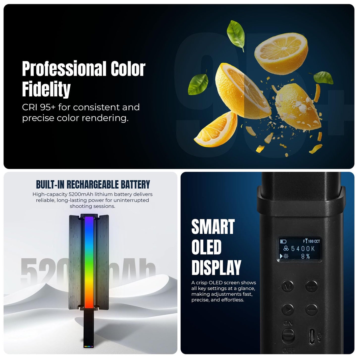 HIFFIN HF-1000 60W RGB LED Stick Light with Grid & Soft Diffuser, 2500K-9900K Adjustable CCT, CRI95+, 24 Effects, 18700Lux@0.5m, App Control, 5200mAh Battery for Photo Video Shooting Use for Creators