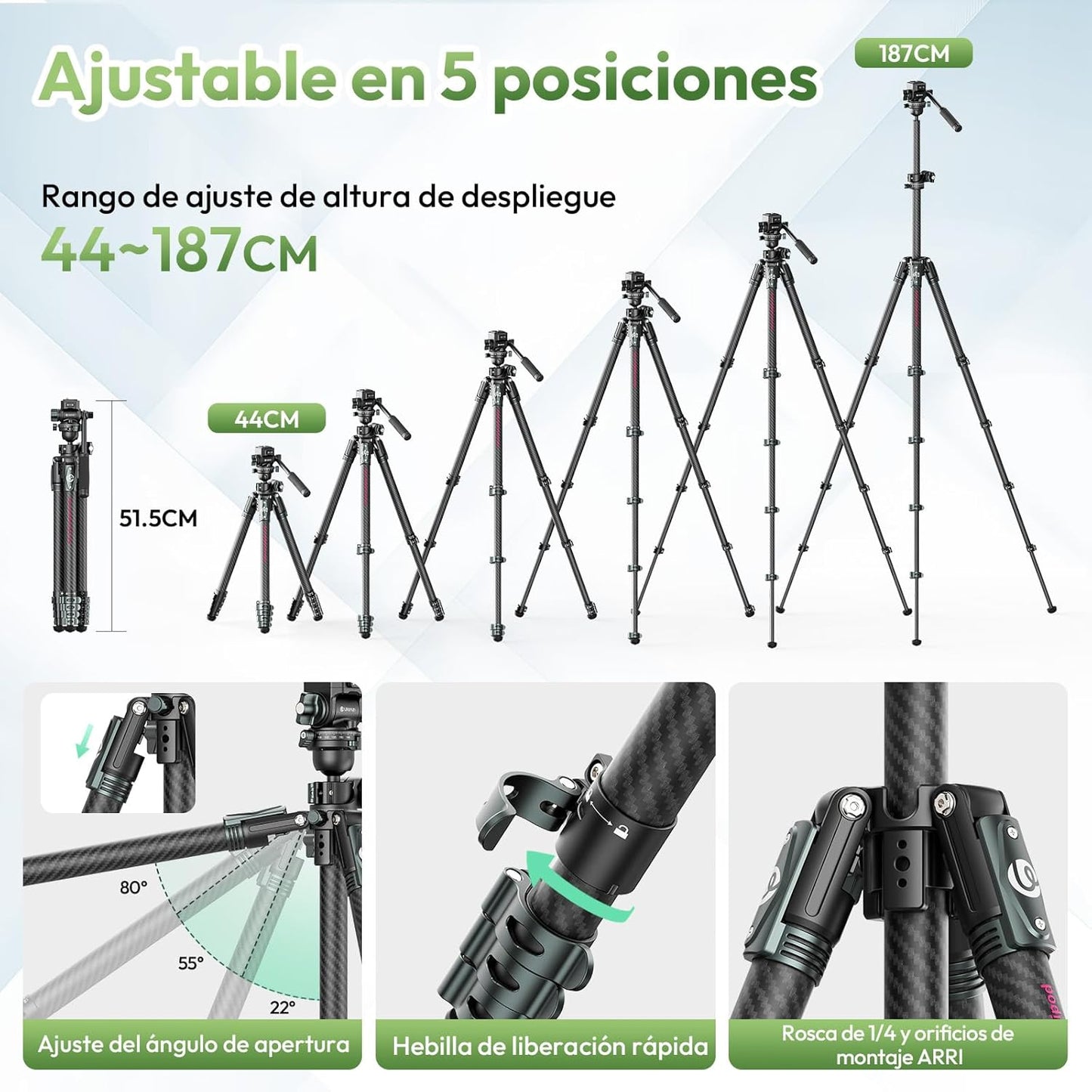 Ulanzi JJ06 Professional Camera Tripod Stand with Dual 360° Fluid Head, Dual Center Column, Ball Head, Quick Release Plate, Compatible with Arca for DSLR, Video
