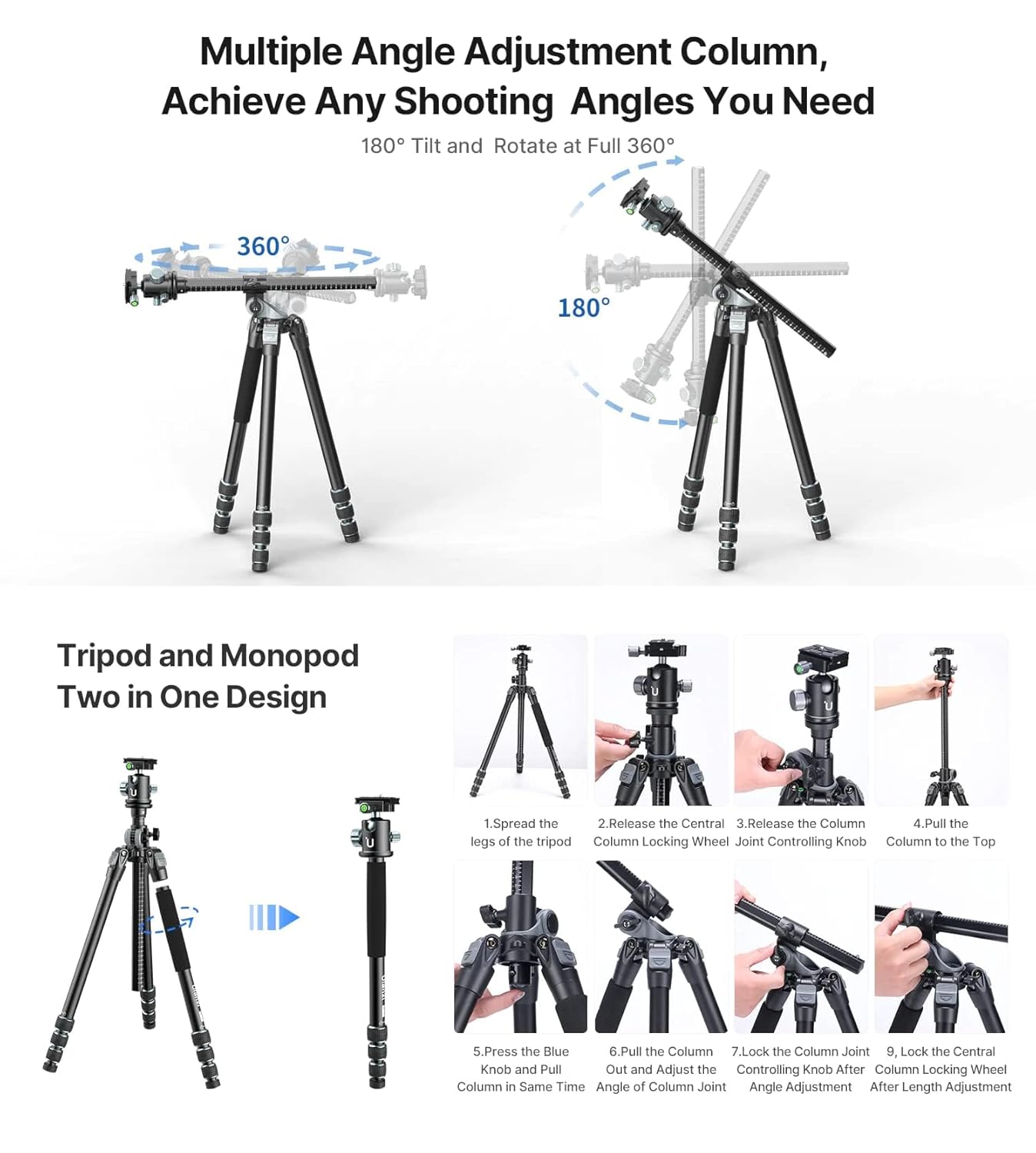 Ulanzi MT-59 Camera Tripod Monopod | Boom Arm Extension for Product Food & Macro Photography| 1/4'' screw hole | Payload 15KG | Weight 2.45Kg | 4 sections 21-176cm | Carry Bag | 1 Year Warranty