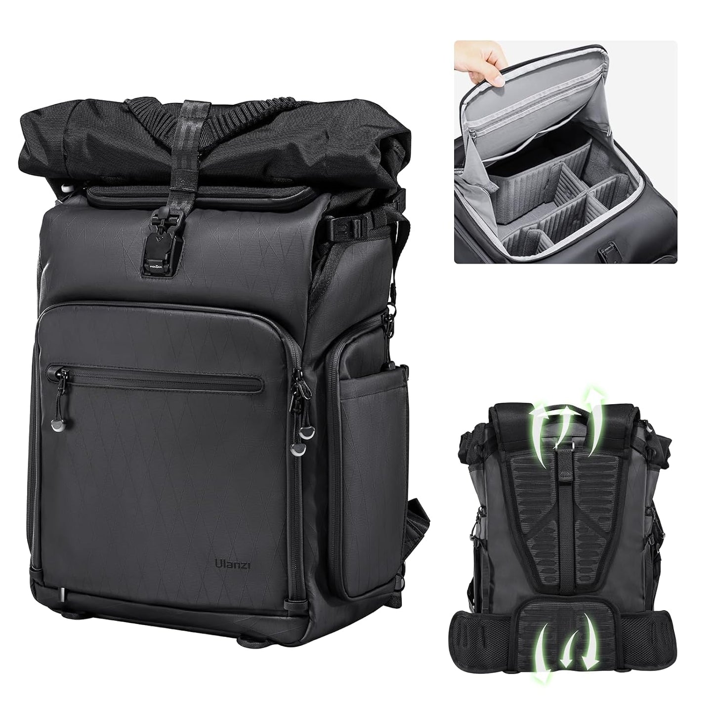 ULANZI B001 Rolltop Camera Backpack, 32.64L Professional Waterproof Photography Camera Case Travel Business 2 in 1, For Photographers Unisex DSLR Mirrorless Camera Lens Tripod Holder 16'' Laptop Black
