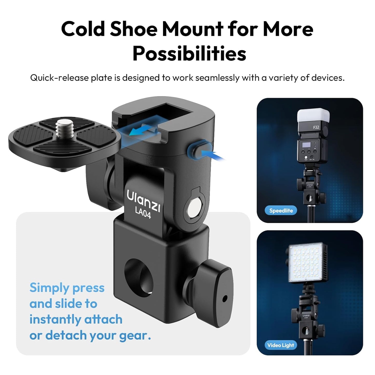 ULANZI LA04 Light Stand Mount Adapter with 1/4” Screw, Quick Release Mounting Plate for Camera Monitor Ring Light, Fits Flat Head Light Stand/Boom arm/C Stand, 180° Tilt Max. Load 6.6lb/3kg