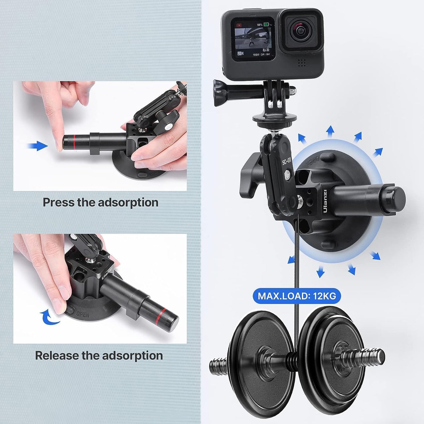 ULANZI SC-01 Suction Mount 3" for Vlogging Action Camera Car Mount w Smartphone Clamp for iPhone 14 13 Pro Max, 1/4" Magic Arm Adapter Mount Desk Suciton Mount for Car Windshield Window