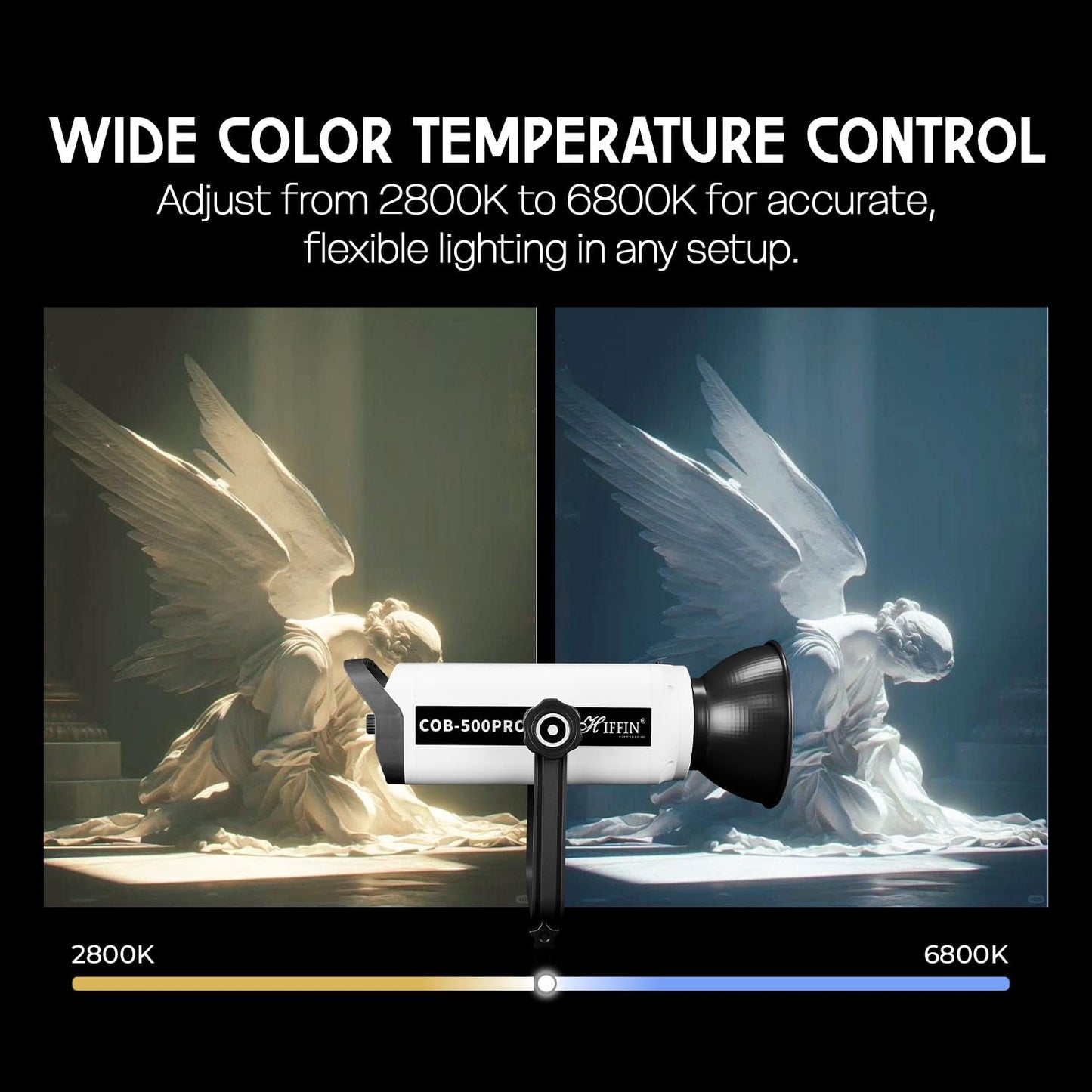HIFFIN (COB-500 Pro) 500W Bi-Color Continuous LED Video Light with Bowens Mount, Remote Control & Silent Cooling Fan, AC Power, 2800K–6800K CCT., 51800 Lux @1m, CRI 95+, Ideal for Photo & Videography