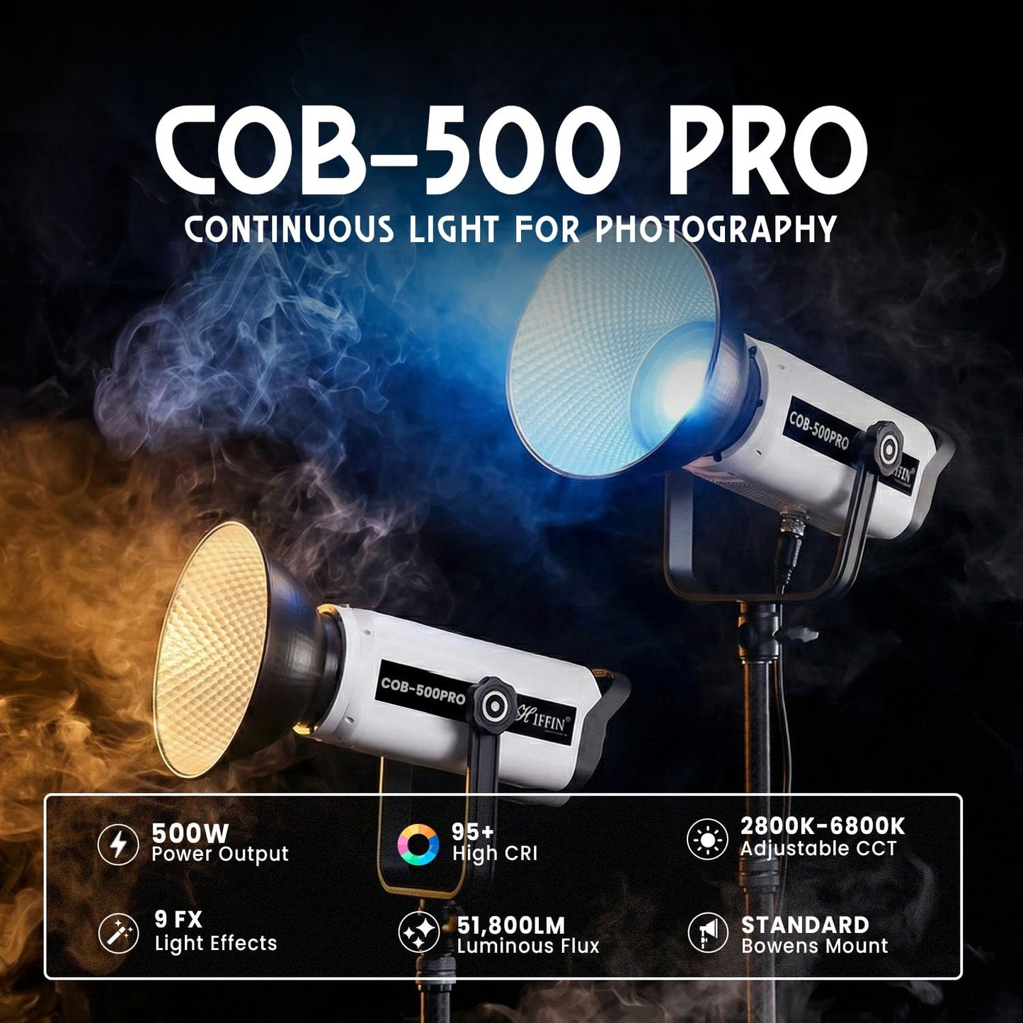 HIFFIN (COB-500 Pro) 500W Bi-Color Continuous LED Video Light with Bowens Mount, Remote Control & Silent Cooling Fan, AC Power, 2800K–6800K CCT., 51800 Lux @1m, CRI 95+, Ideal for Photo & Videography