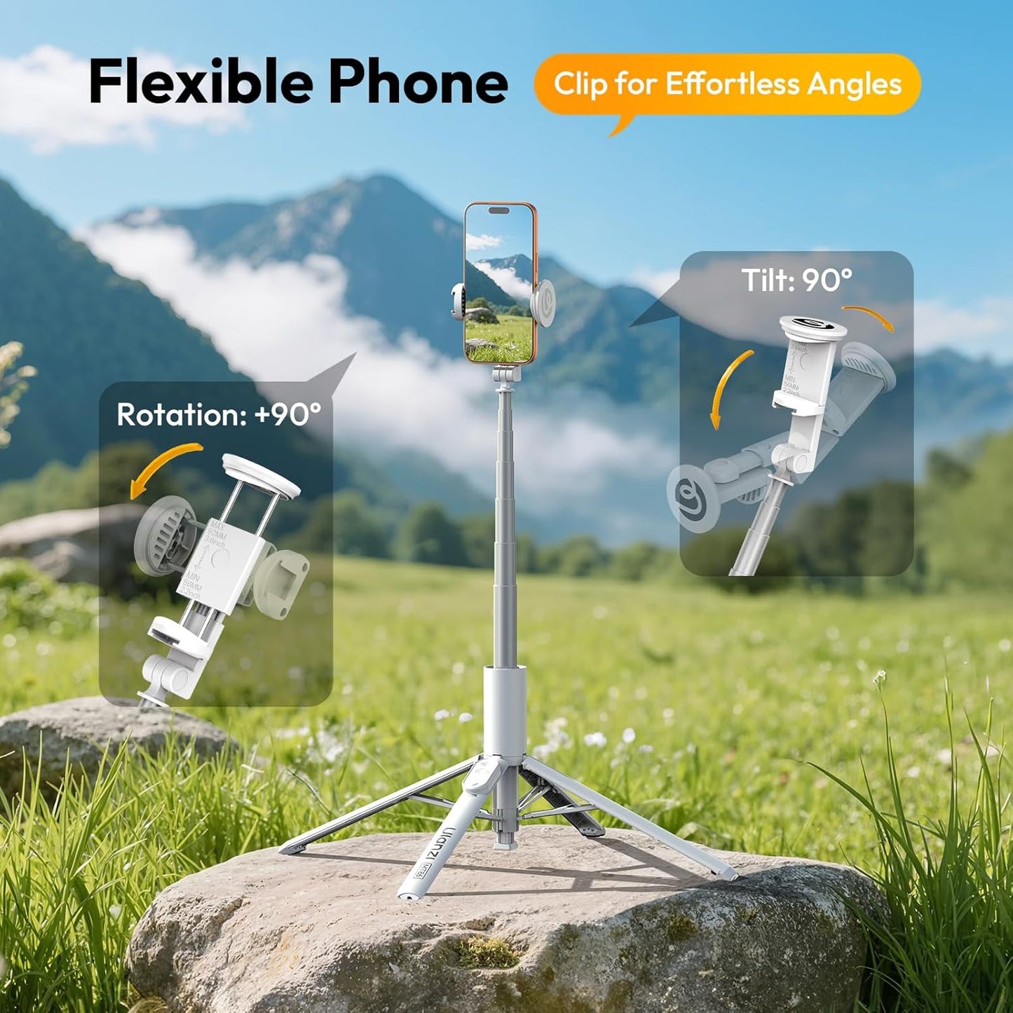 ULANZI MT86, 60" Automatic Phone Tripod Stand with Wireless Remote, Adjustable Auto‑Open Selfie Stick for iPhone Android, Portable Extendable Travel Tripod for Selfie/Vlogging, White