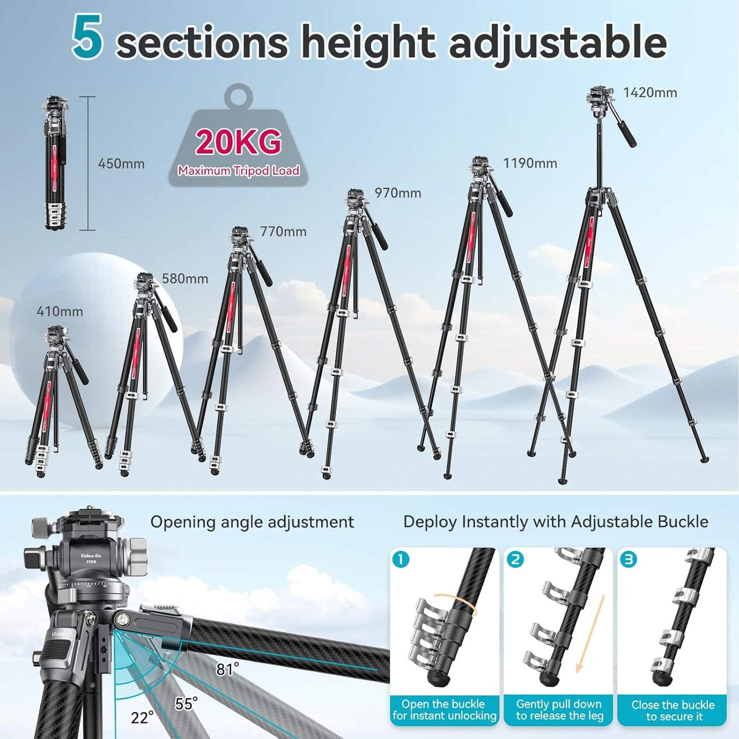 Ulanzi TT09 VideoGo Travel Tripod, 55.91" Carbon Fiber Camera Tripod with Arca QR & 360° Ballhead & Handle, Compact Lightweight Tripod for Photography/Video Shooting, for Most Cameras/DSLR/Projector