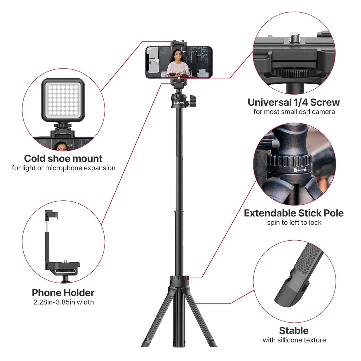 ULANZI MT-34 Extendable Pole Tripod, Selfie Stick with 2 in 1 Phone Clamp, Handle Grip 1/4" Universal Screw, Compatible iPhone 11 Pro Max XS Max X 8 7 Samsung Canon Nikon Sony Cameras, Black
