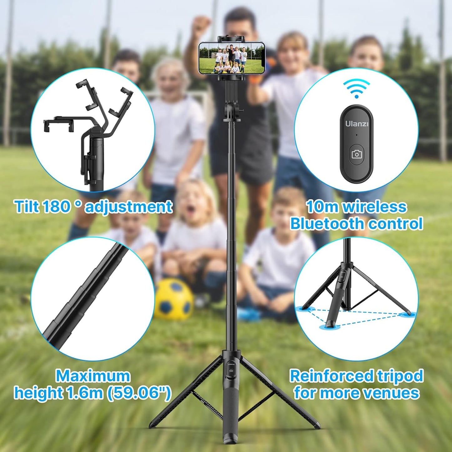 ULANZI 1.6 Meter Selfie Stick SK-03 3 in 1 Stable Phone Stand for Smartphone/Camera/Gopro, Extendable Phone Tripod with Detachable Remote, Compatible with iPhone/Galaxy/Huawei, Etc.