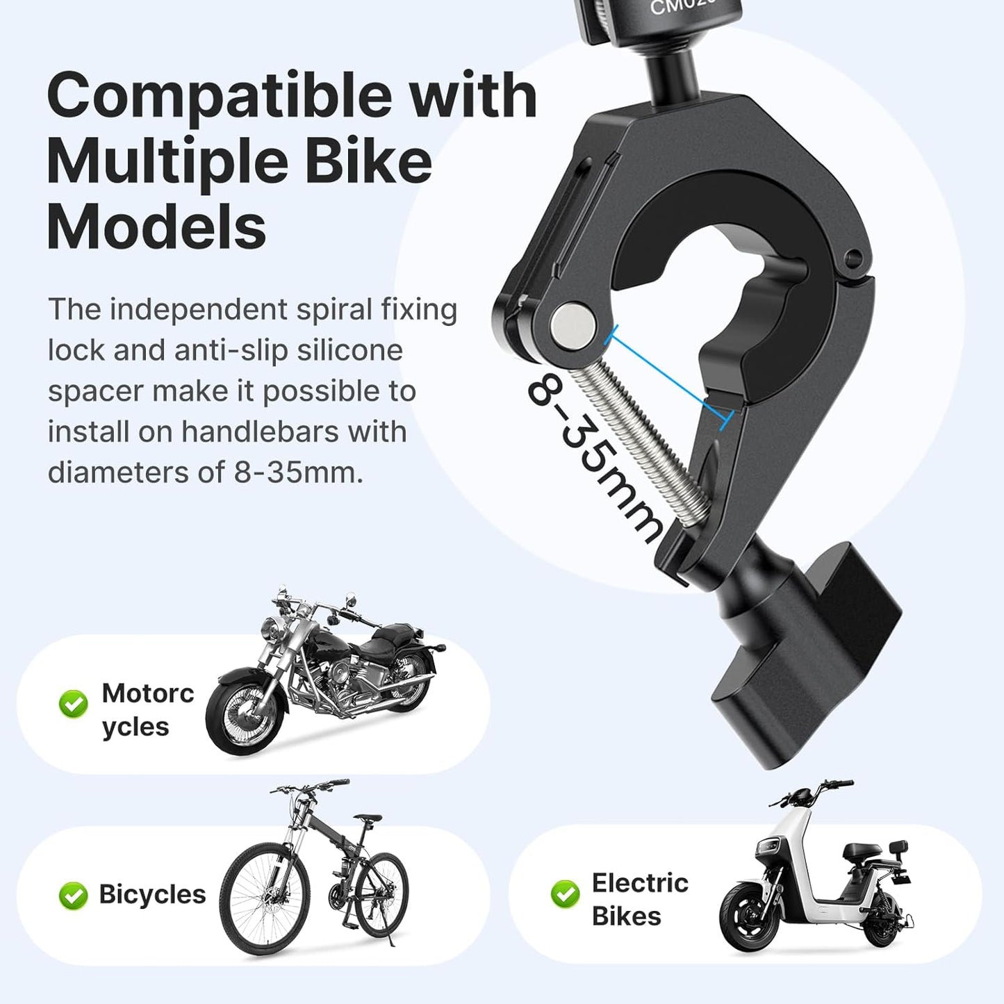 ULANZI 360°Motorcycle Camera Mount for GoPro Bike Holder Handlebar Mount Bracket w GoPro Adpter for Hero10/9/8/7/6/5/4/3 Action Cameras Accessory ?8~35mm (Fits Bicycle Utv Motorcycle Handlebar Holder)