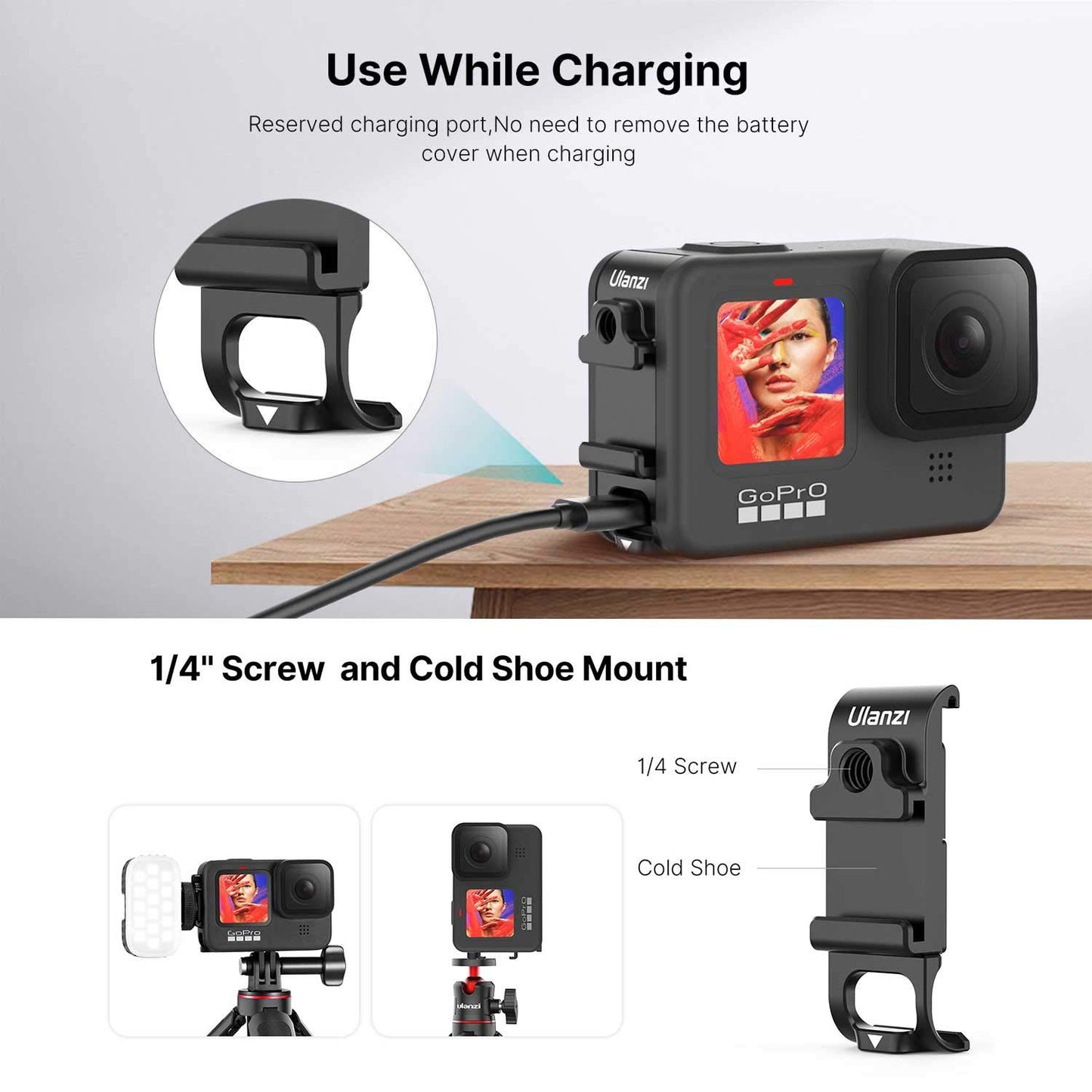 G9-6 Multifunction Battery Cover Door for GoPro HERO9 Black with Cold Shoe Mount & Open Port for Camera Charging
