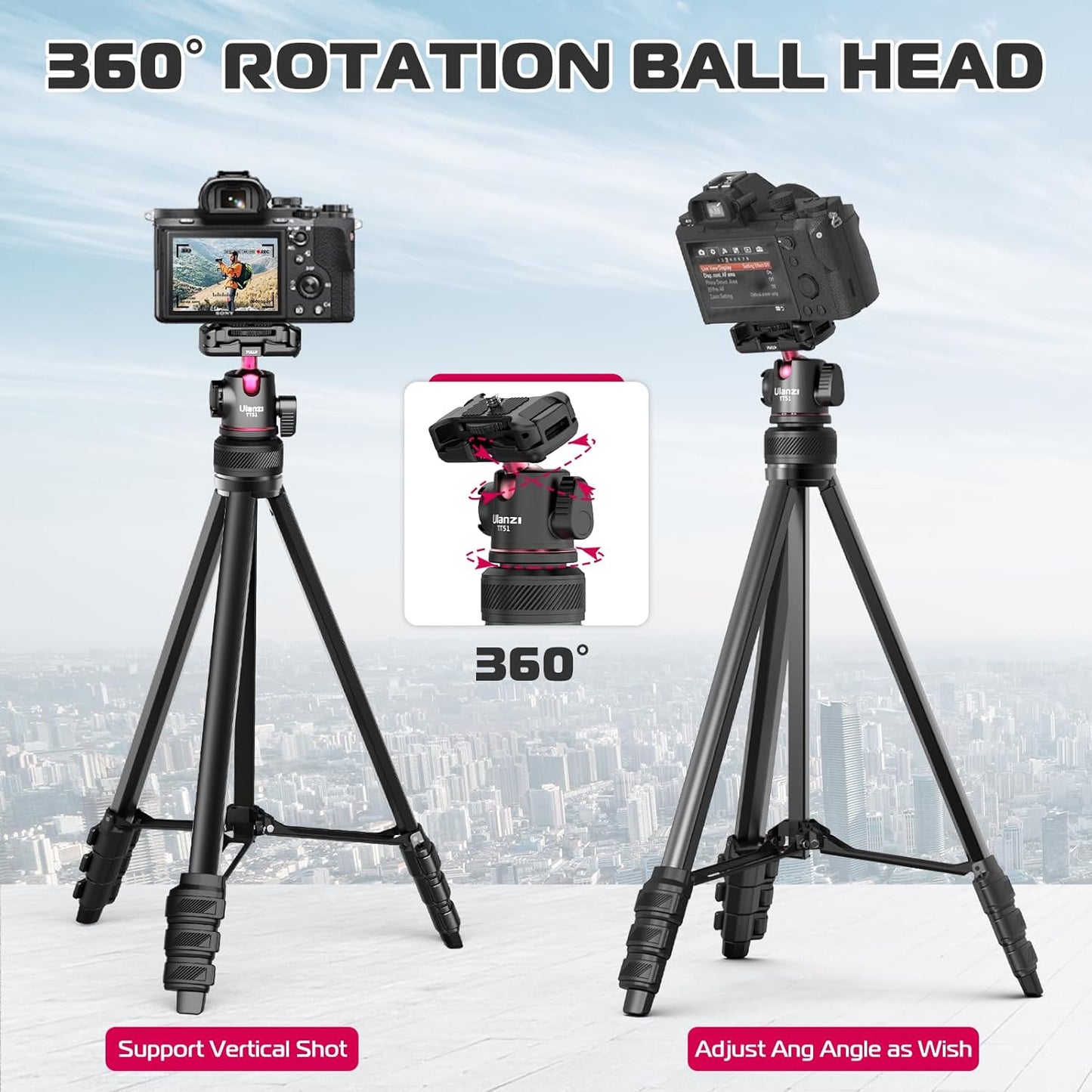 ULANZI Select TT51 Portable Tripod Stand I 360° Rotable Ball Head I Hidden Cold Shoe Phone Holder I 600g Lightweigt I 1.38m/51in Long I 5 Section Extenable Vlog Tripod