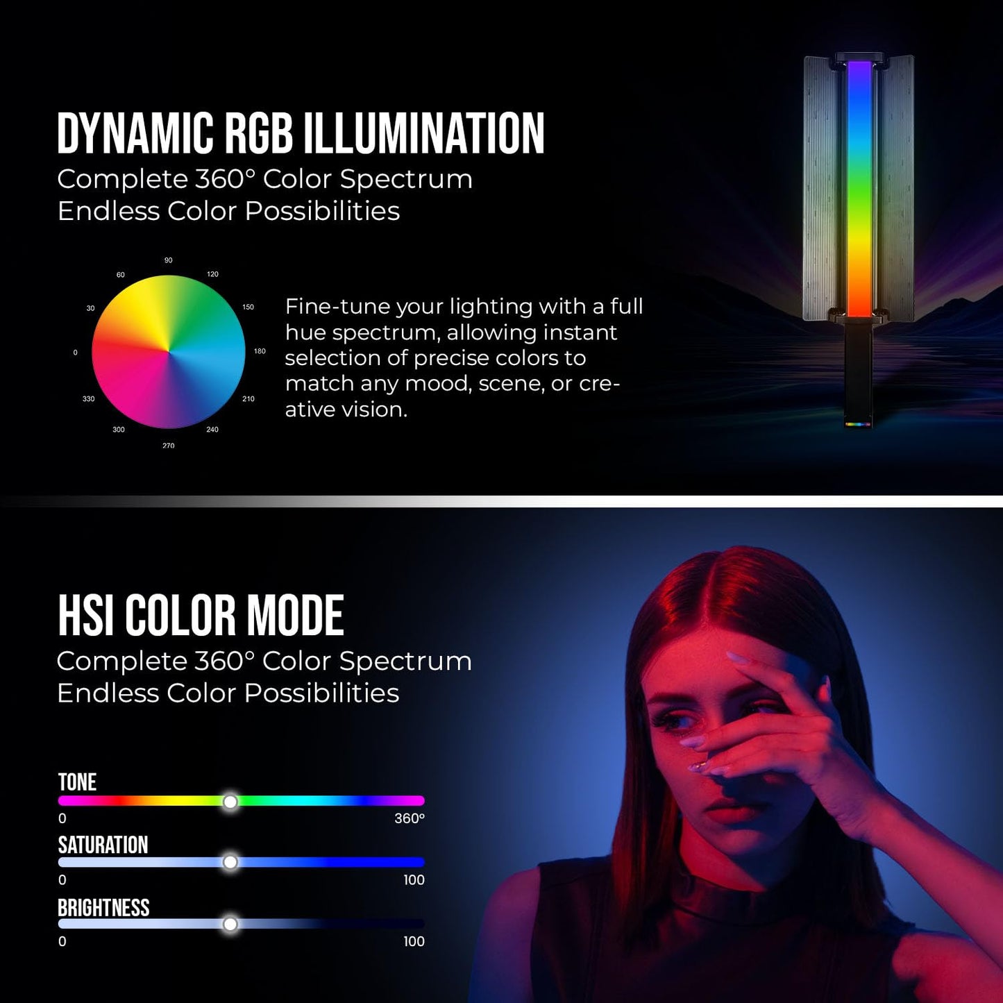 HIFFIN G-Flash PRO RGB Photography Flashlight Portable Video Light 30W LED Spotlight 5000mAh Battery 4 Color Modes (Red/Blue/Warm/Yellow) CRI95+ Active Cooling Fan USB-C Charging for Videography