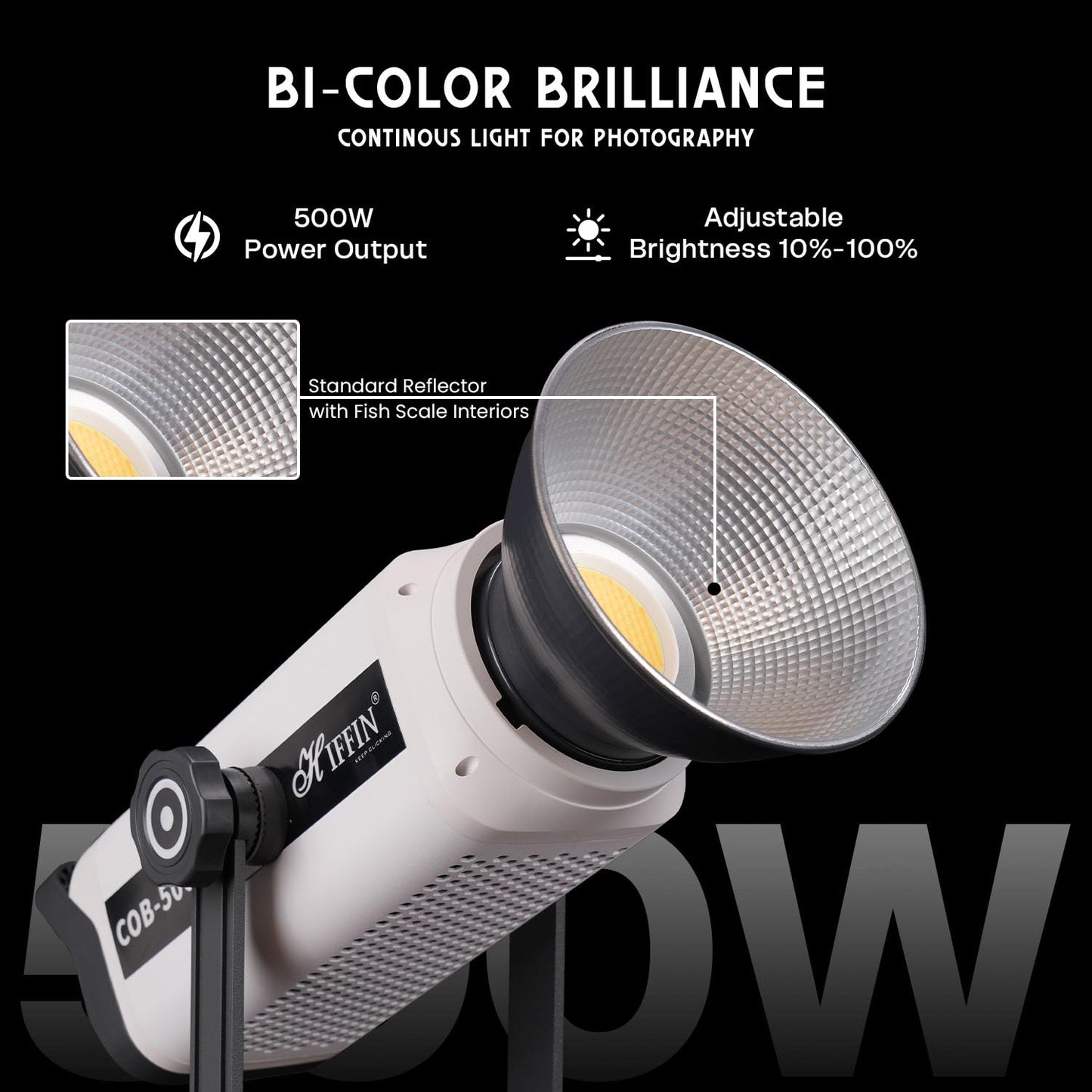 HIFFIN (COB-500 Pro) 500W Bi-Color Continuous LED Video Light with Bowens Mount, Remote Control & Silent Cooling Fan, AC Power, 2800K–6800K CCT., 51800 Lux @1m, CRI 95+, Ideal for Photo & Videography