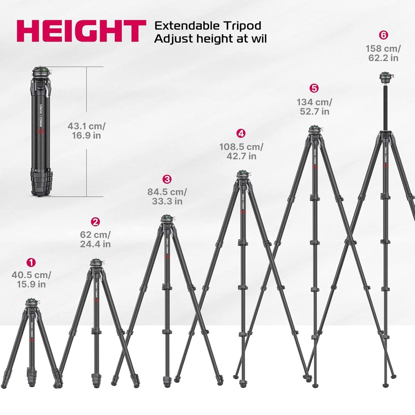 ULANZI Zero F38 Professional Camera Tripod, 62.6" Lightweight Carbon Fiber Camera Tripod with Quick Release 1/4" Screw & 360° Ballhead, for Most Cameras/DSLR/Projector, Weight 2.4lbs, Maxload 39.6lbs