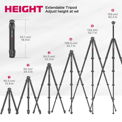 ULANZI Zero F38 Professional Camera Tripod, 62.6" Lightweight Carbon Fiber Camera Tripod with Quick Release 1/4" Screw & 360° Ballhead, for Most Cameras/DSLR/Projector, Weight 2.4lbs, Maxload 39.6lbs