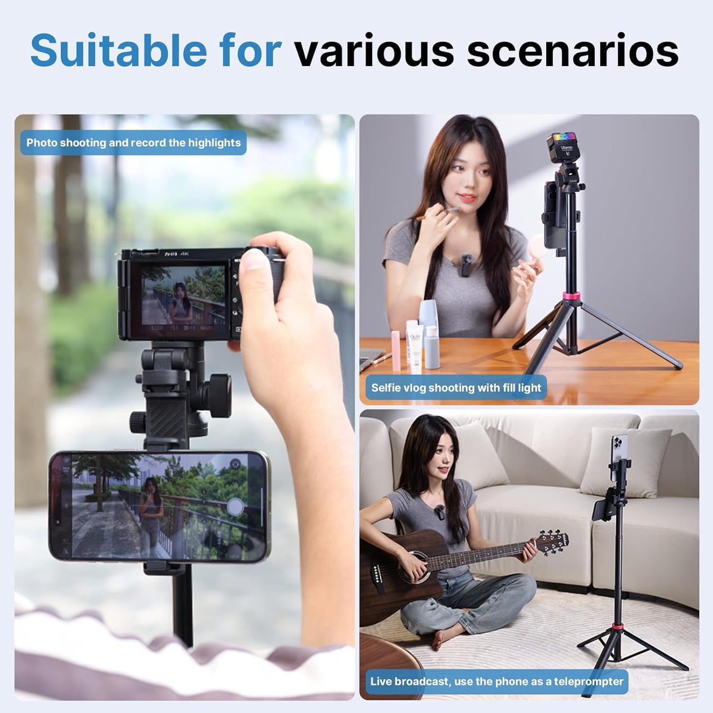 ULANZI MT-78 Extendable Phone Tripod, 72.83" Selfie Stick Camera Tripod Stand with 2-in-1 Phone Clip, 360° Ball Head with Cold Shoe for iPhone, Sony, Canon, Lightweight for Travel