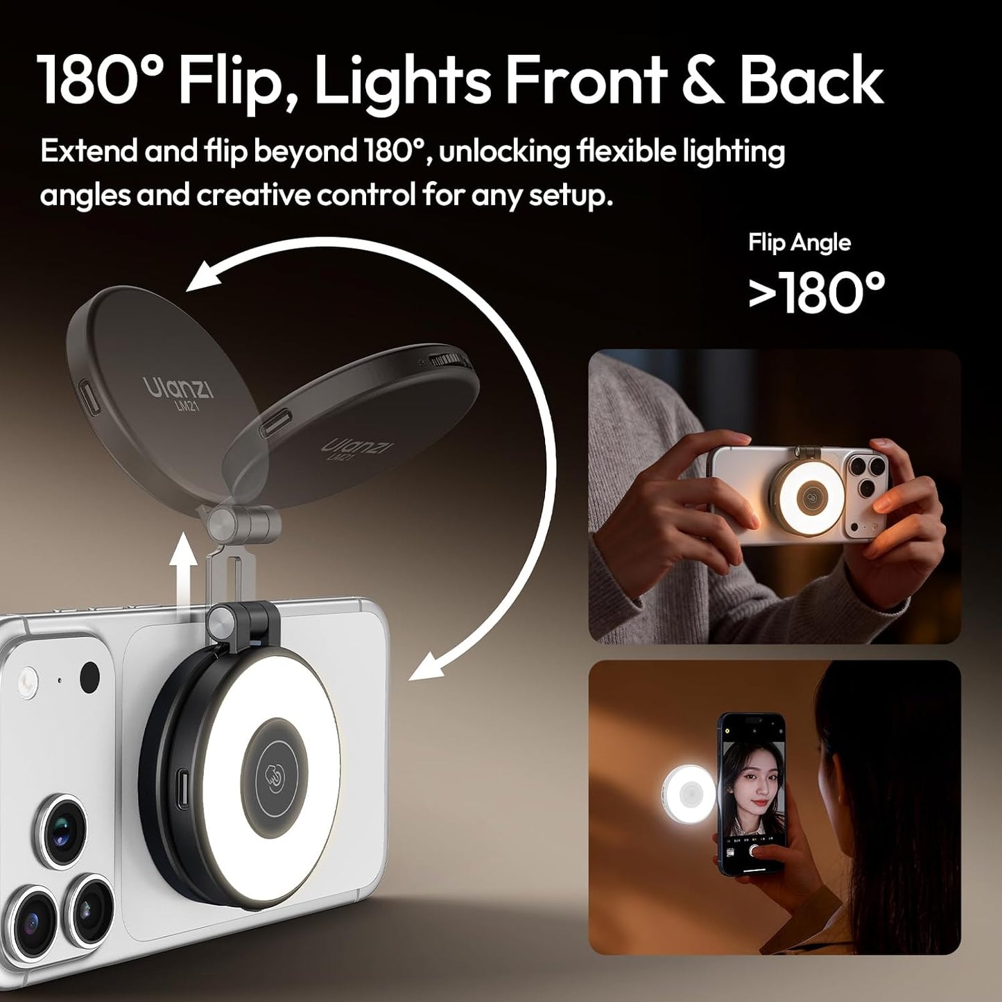 ULANZI LM21 Dual Sided Magnetic Selfie Ring Light for Phone with Magsafe | for iPhone/Android, 8000K CRI≥95, Touch Control, Extendable, Rechargeable, for Vlog,Video Call,TikTok,Video Call,Live Stream