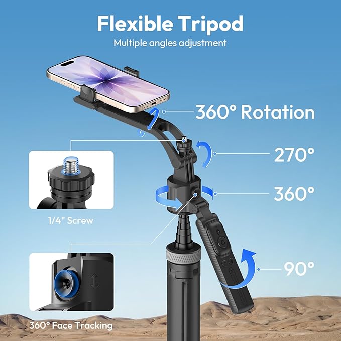 Ulanzi TT23 Auto Face Tracking Tripod for Smartphones, 165cm Cell Phone Selfie Stick, 360° Rotation Tripod with Bluetooth Remote & Gesture Control, Selfie Stick for iPhone/Action Camera