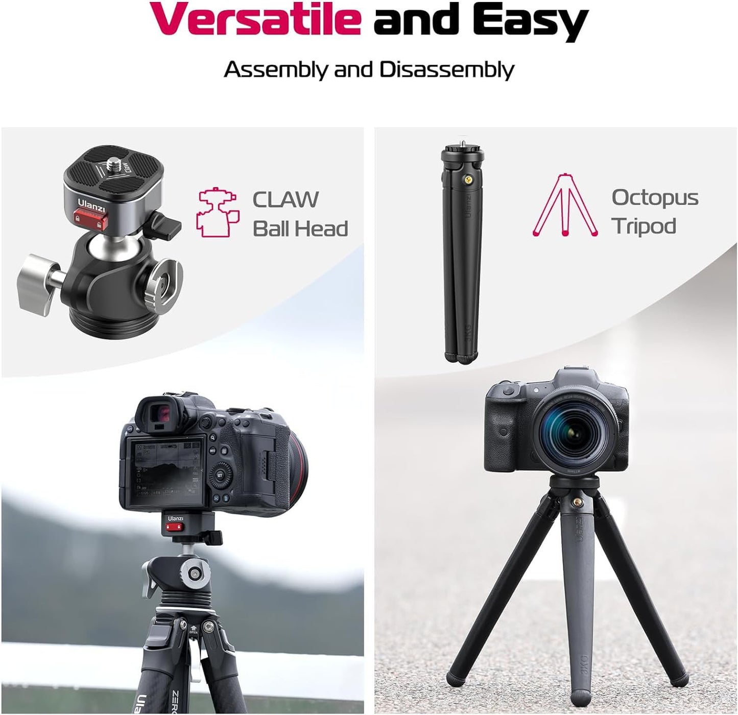 ULANZI MT-68 Claw Camera Flexible Tripod, Mini Quick Release Tripod Stand with 1/4'' Screw for Magic Arm, Universal Travel Desktop Selfie Stick for DSLR Compatible with Canon Nikon Sony Cameras Vlog