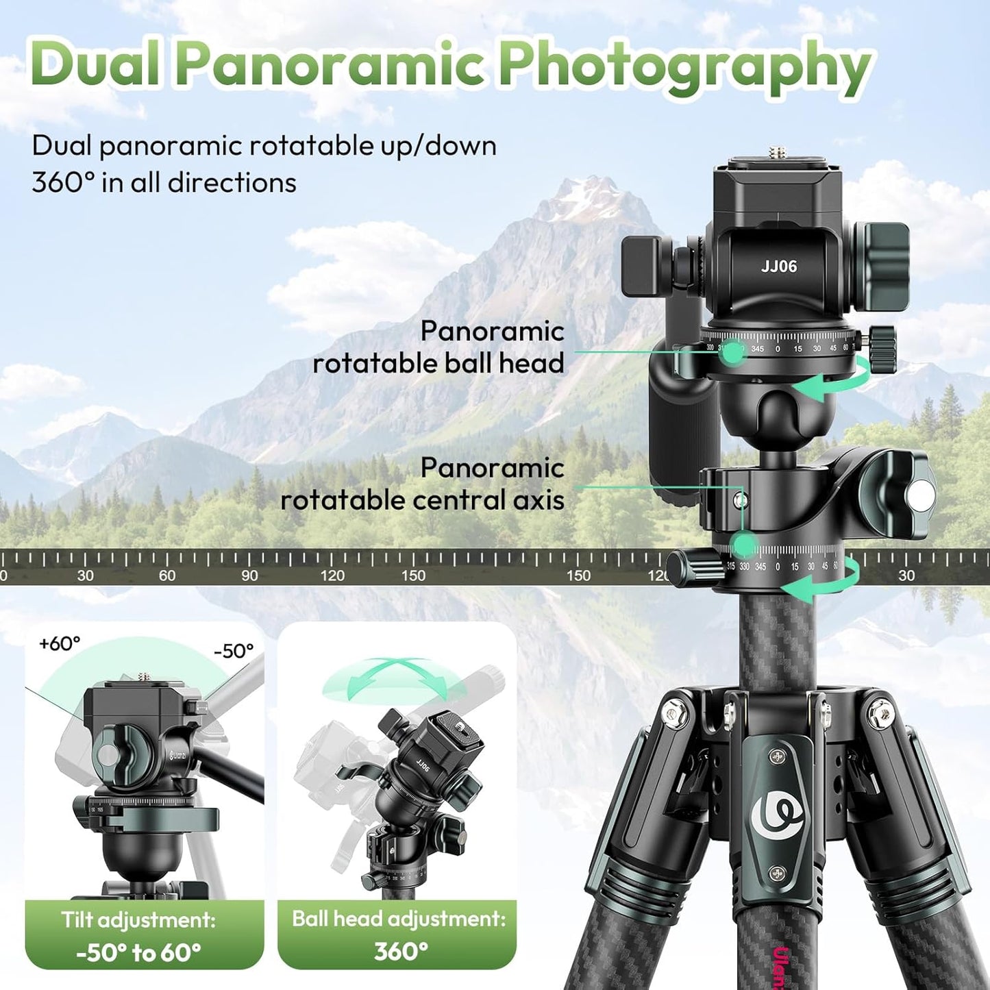 ULANZI JJ06 GlideGo Carbon Fiber Video Tripod, Dual 360° Pan Head, 73.6 inch Max Height, 11 lb Load, Quick Release Plate