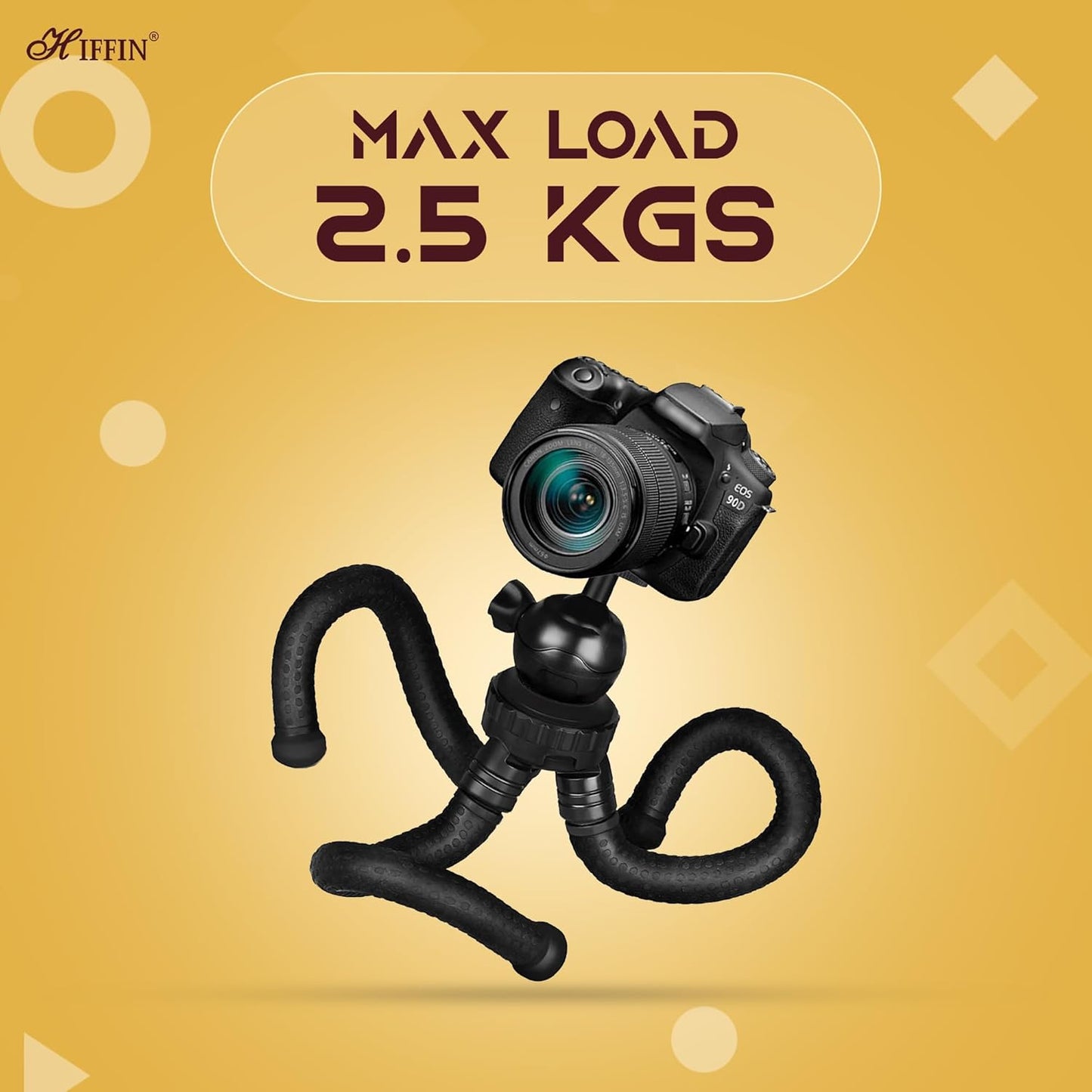 HIFFIN Flexible Gorillapod Tripod with 360° Rotating Ball Head Tripod for All DSLR Cameras(Max Load 2.5 kgs) & Mobile Phones + Free Heavy Duty Mobile Holder(Black) (12 Inch, Black)