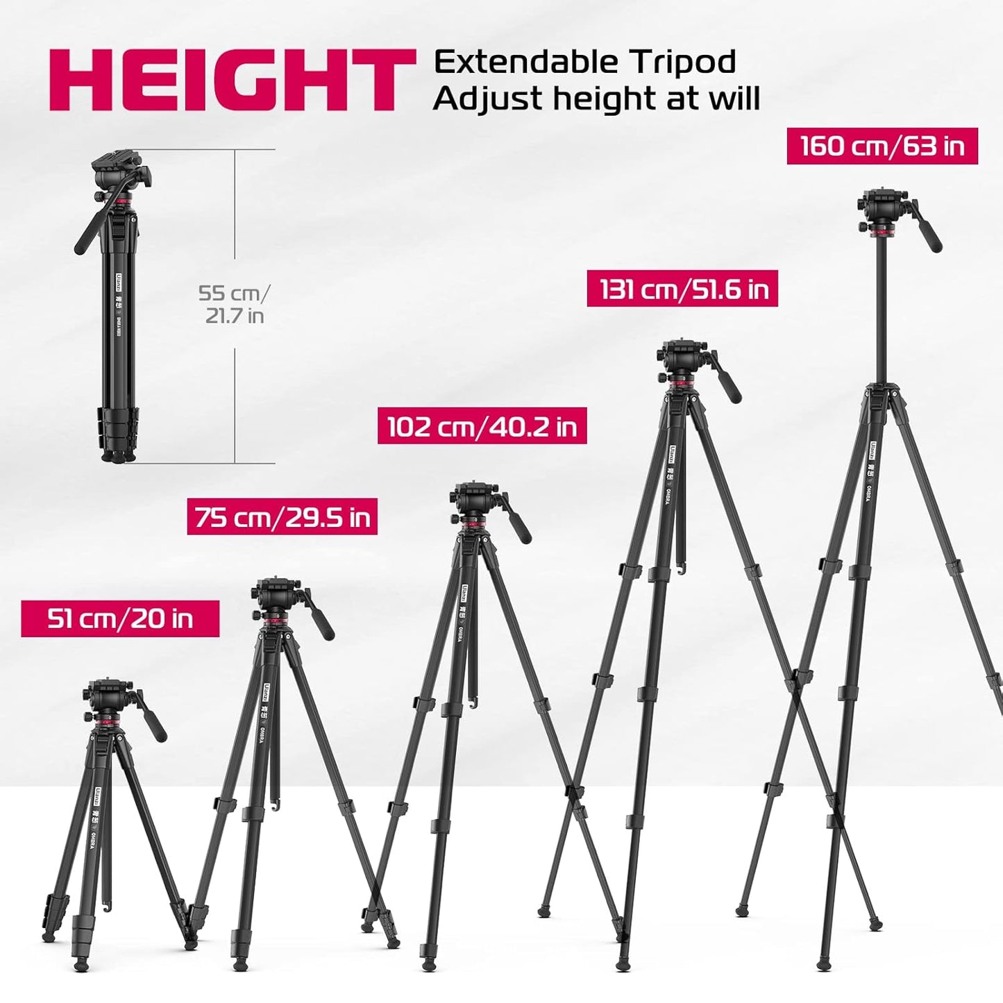 ULANZI MT-56 Ombra Black Aluminum Alloy 63" Professional Camera Tripod with Fluid Pan-tilt Head, Max Load 13.2 LB for DSLR, Compatible with Nikon, Canon, Smartphone, Phone Holder Included