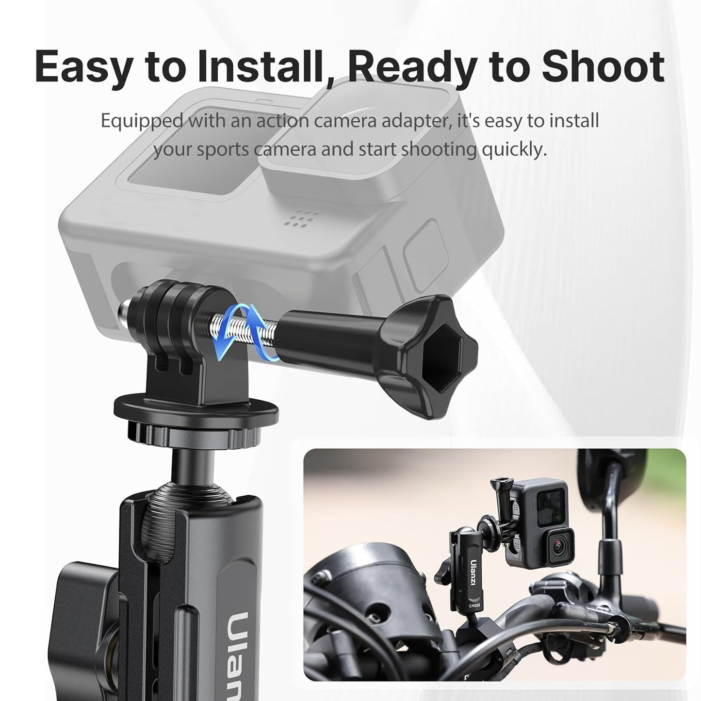 ULANZI 360°Motorcycle Camera Mount for GoPro Bike Holder Handlebar Mount Bracket w GoPro Adpter for Hero10/9/8/7/6/5/4/3 Action Cameras Accessory ?8~35mm (Fits Bicycle Utv Motorcycle Handlebar Holder)