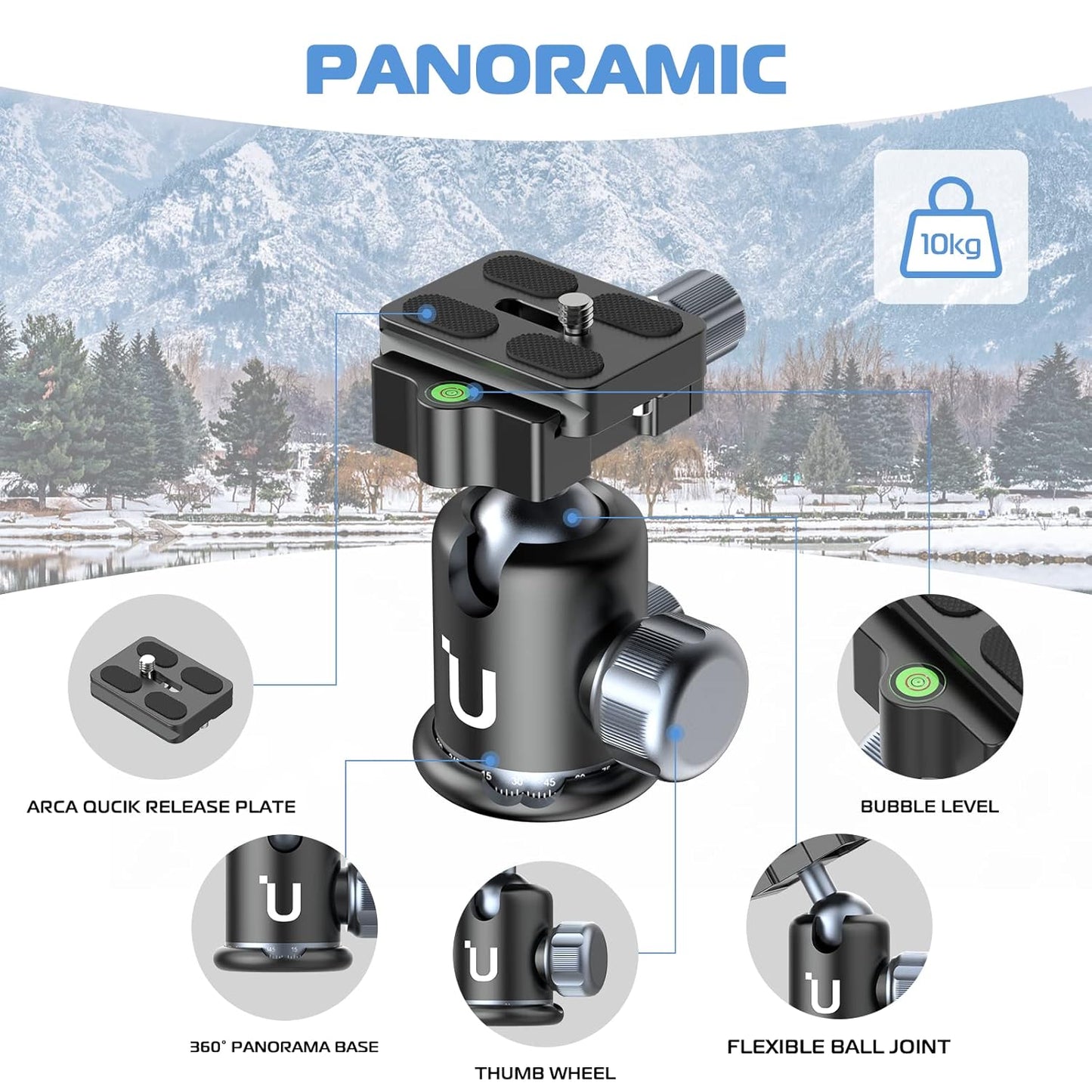 Ulanzi MT-60 Lightweight Camera Tripod, Professional 63.77" Carbon Fiber Travel Tripod with 360°Ball Head, Quick Release Plate for Cameras/DSLR/Projector, Adjustable Height 21.25-63.77 inches