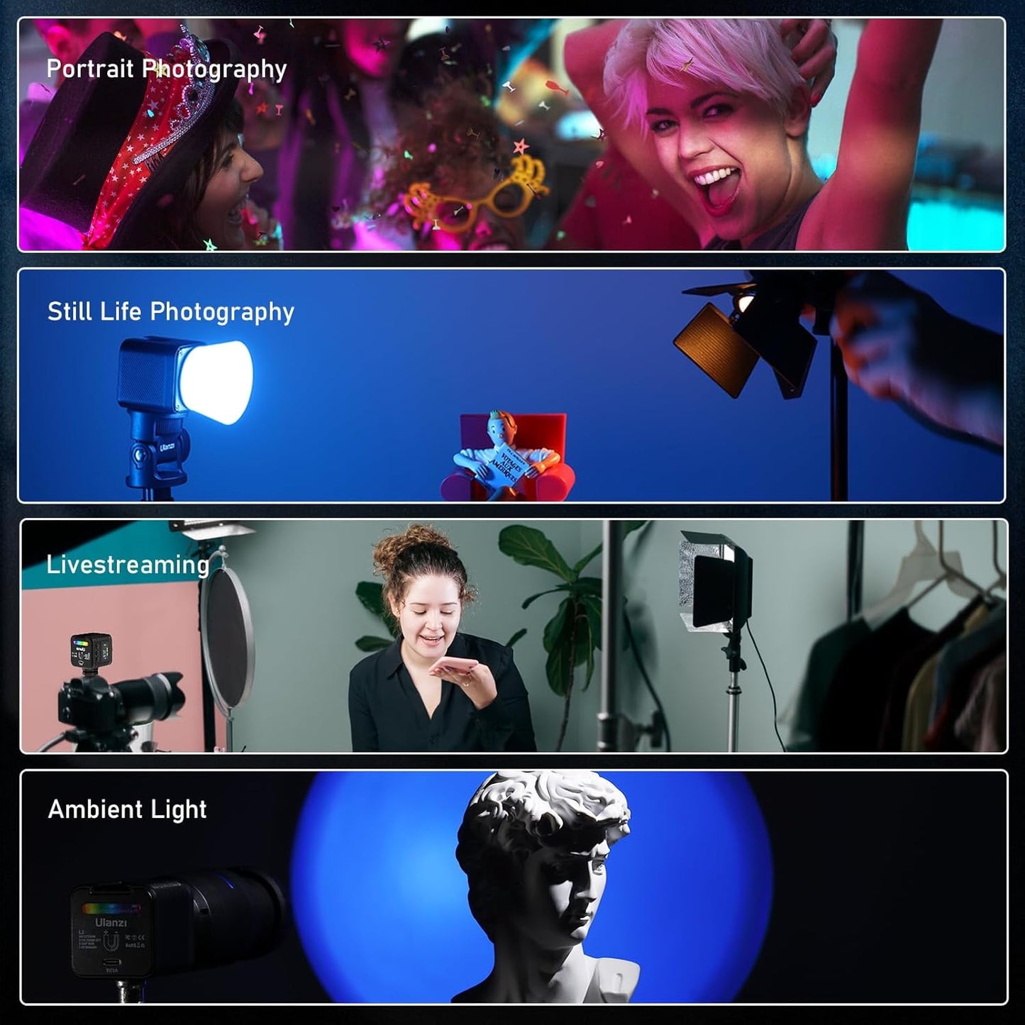 ULANZI L3 RGB LED Video Light, Waterproof Camera Lighting Kit 2700K-7000K Mini Cube COB Light Dimmable Fill Magnetic Photography Light with Fresnel Lens Cold Shoe for Smartphone,Action,DSLR Camera