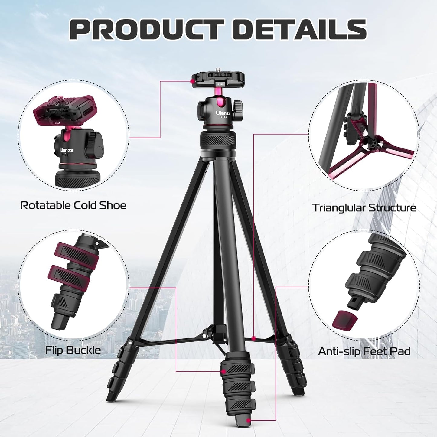 ULANZI Select TT51 Portable Tripod Stand I 360° Rotable Ball Head I Hidden Cold Shoe Phone Holder I 600g Lightweigt I 1.38m/51in Long I 5 Section Extenable Vlog Tripod