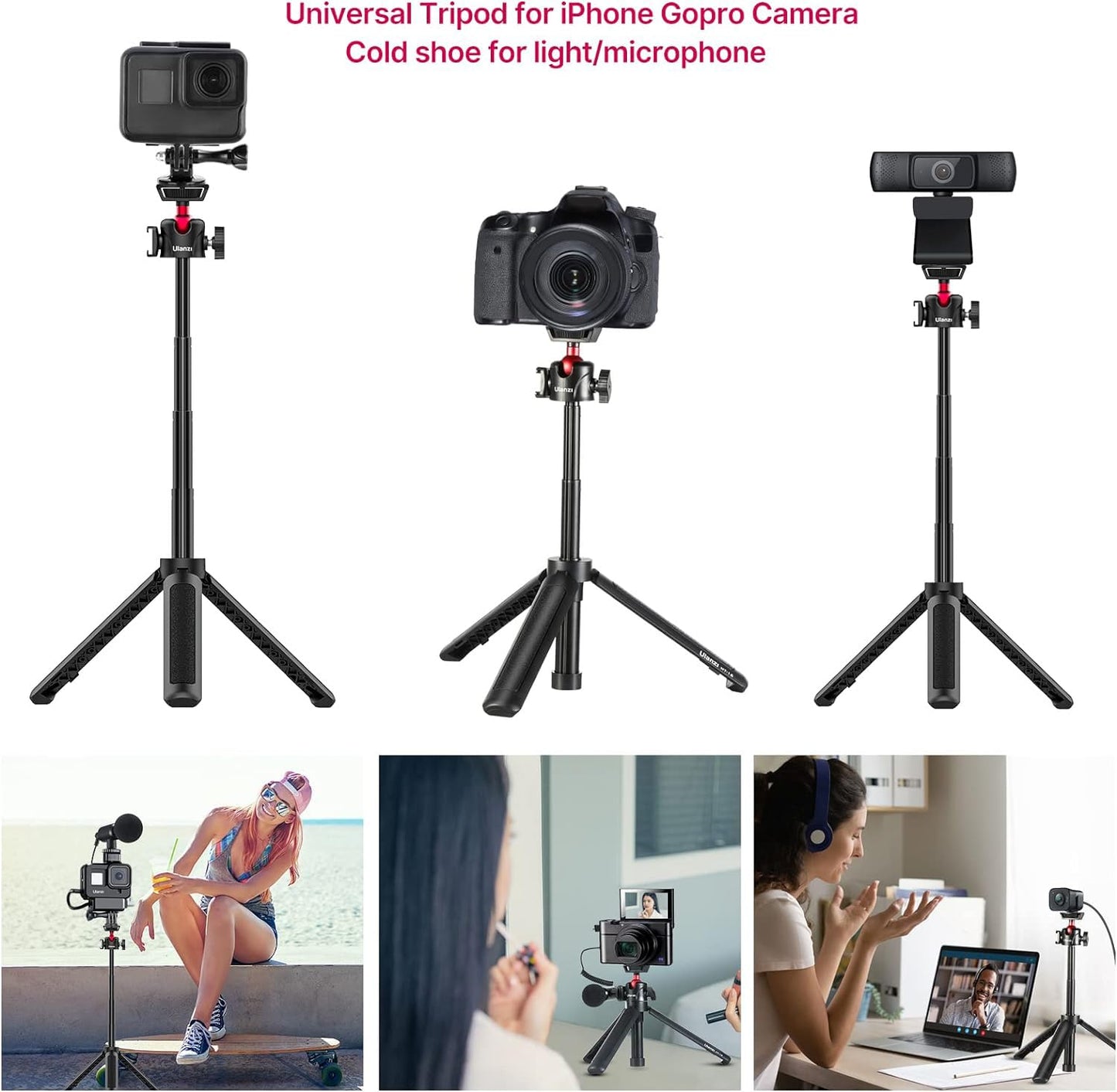 UURig Extendable Phone Camera Tripod, 4 Levels Adjustment 360° Ball Head Cold Shoe Lightweight Portable Vlog Travel Selfie Stick Handle Grip Desktop Webcam Tripod for iPhone DSLR Sony Gopro, Black
