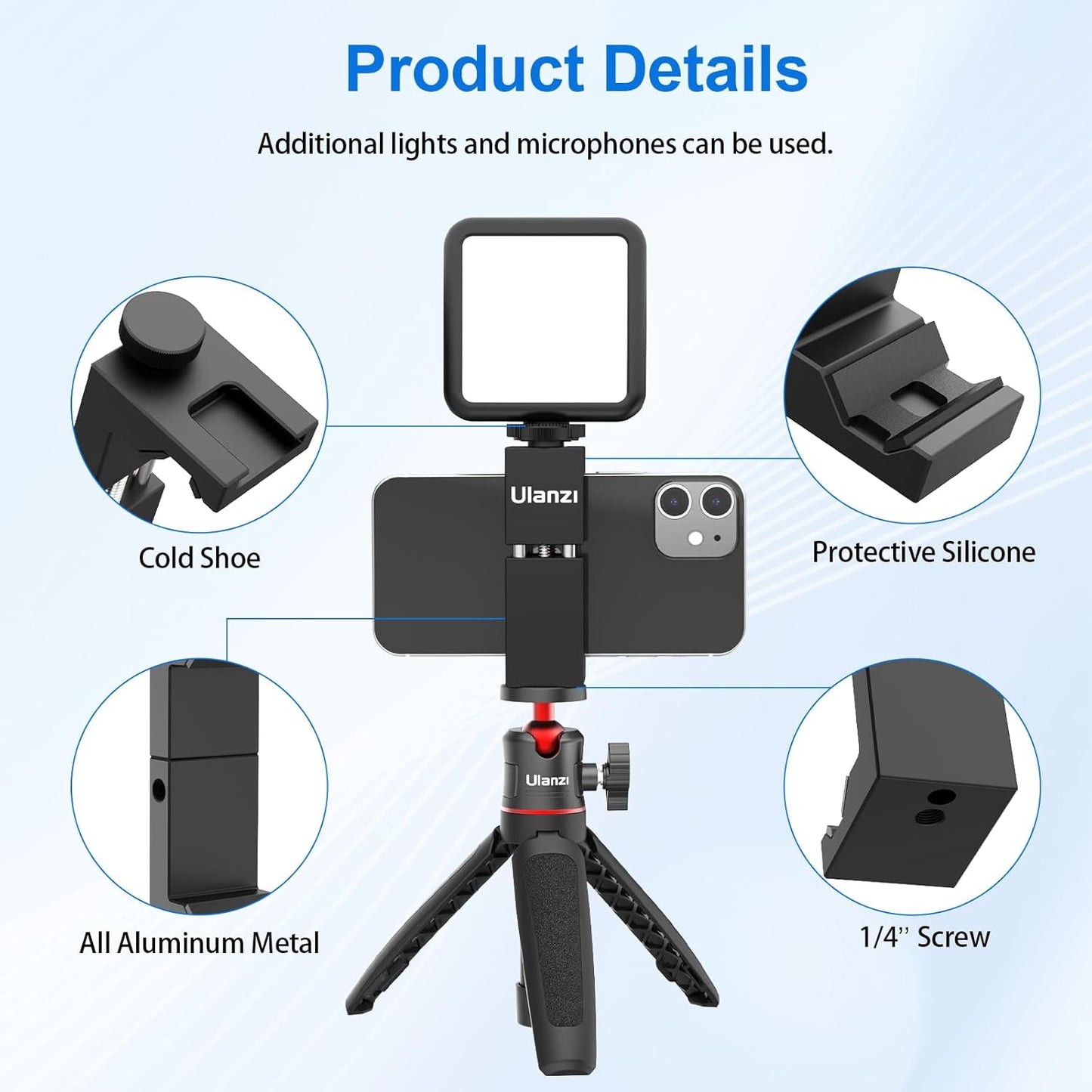Ulanzi ST-02S Newest Aluminum Phone Tripod Mount w Cold Shoe Mount, Support Vertical and Horizontal, Universal Metal Adjustable Clamp for Apple iPhone X 8 7 6S Plus Sumsang Android Smartphones,Black