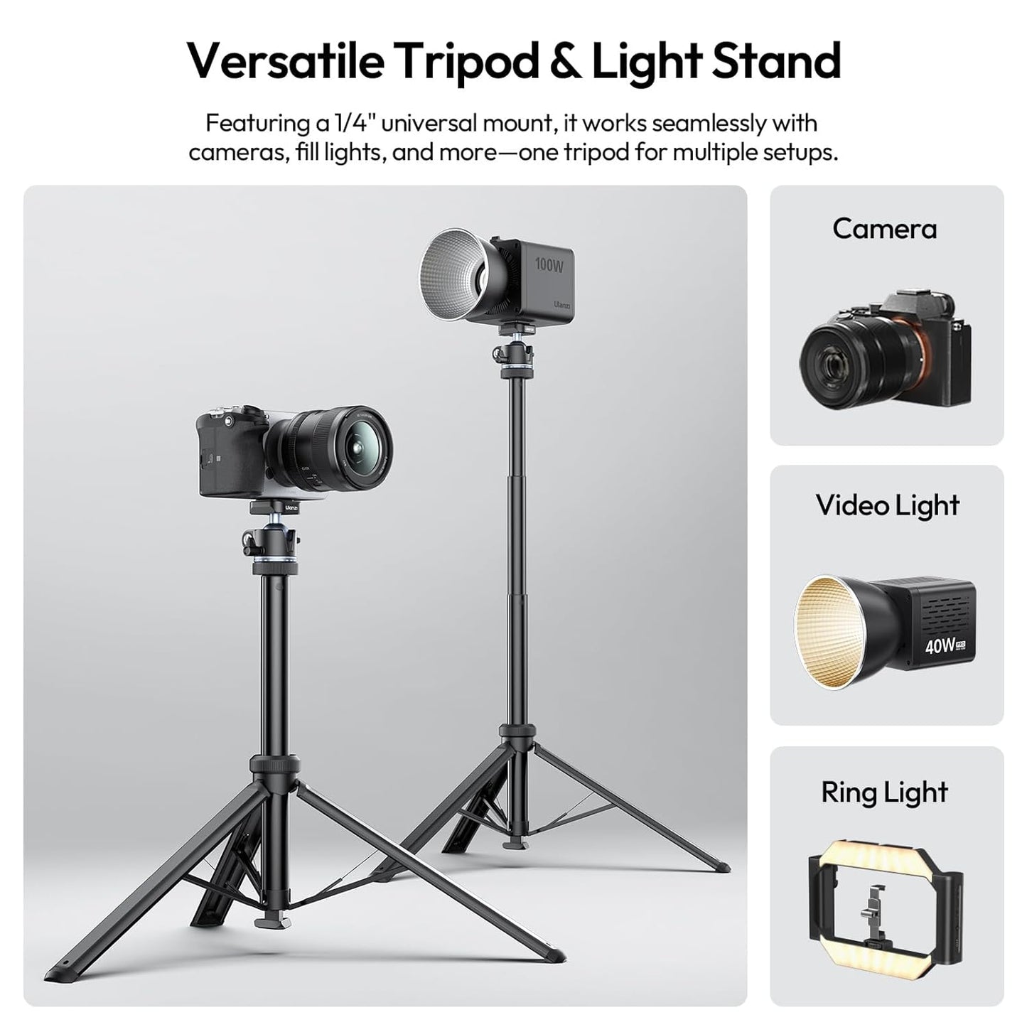 ULANZI MT93 Universal 1/4" Light Stand Camera Tripod w Auto-Open w UKA Quick-Release, 63" Portable Adjustable Ball Head Tripod for Cameras/Video Light/Phone/Outdoor Photo, Up Load 6.61lb, w Bag