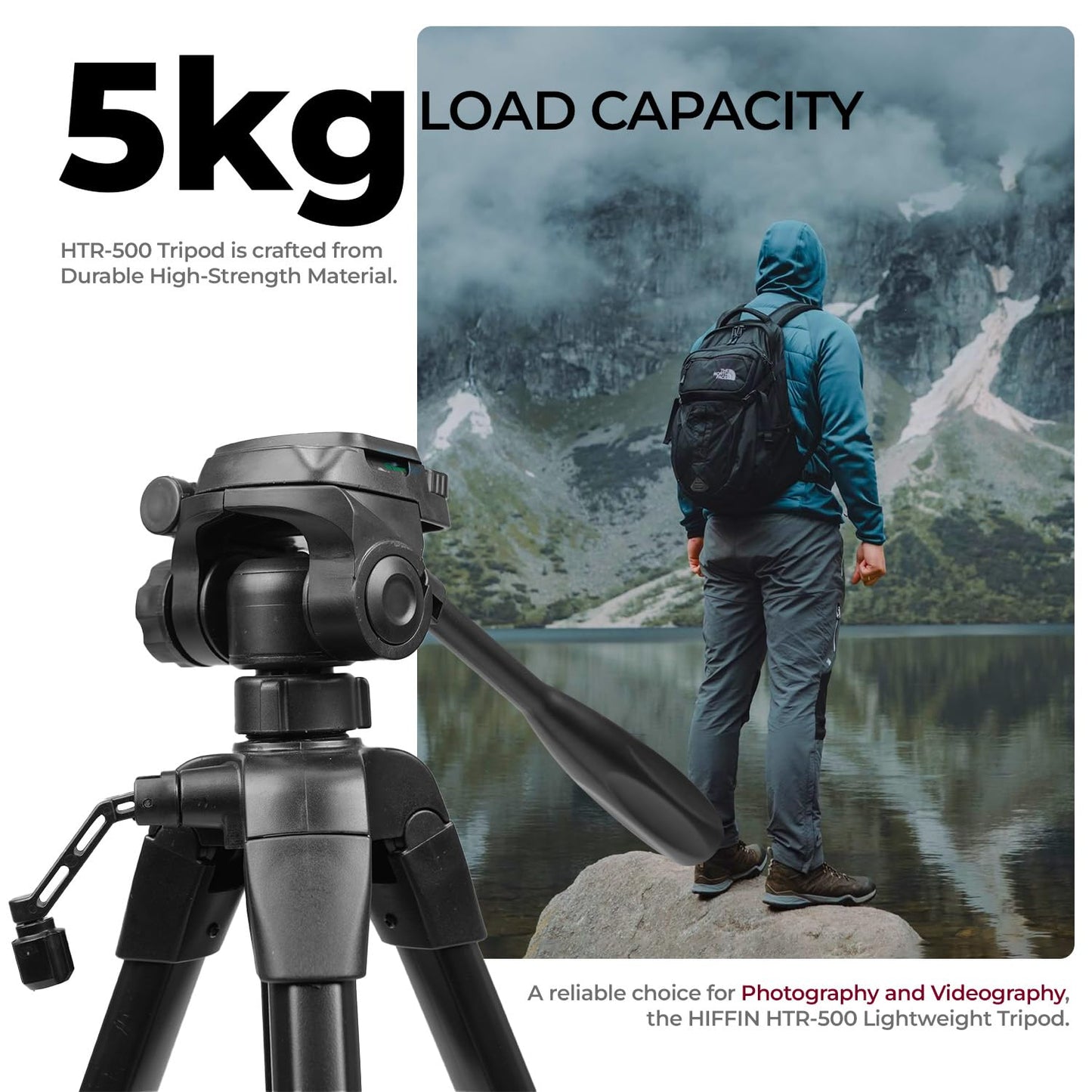HIFFIN HTR-500 1700mm Lightweight Tripod with Mobile Holder & Carry Bag | 5kg Load Capacity | 3-Section Adjustable Stand for DSLR, Camera & Smartphone | Portable & Stable Tripod Stand